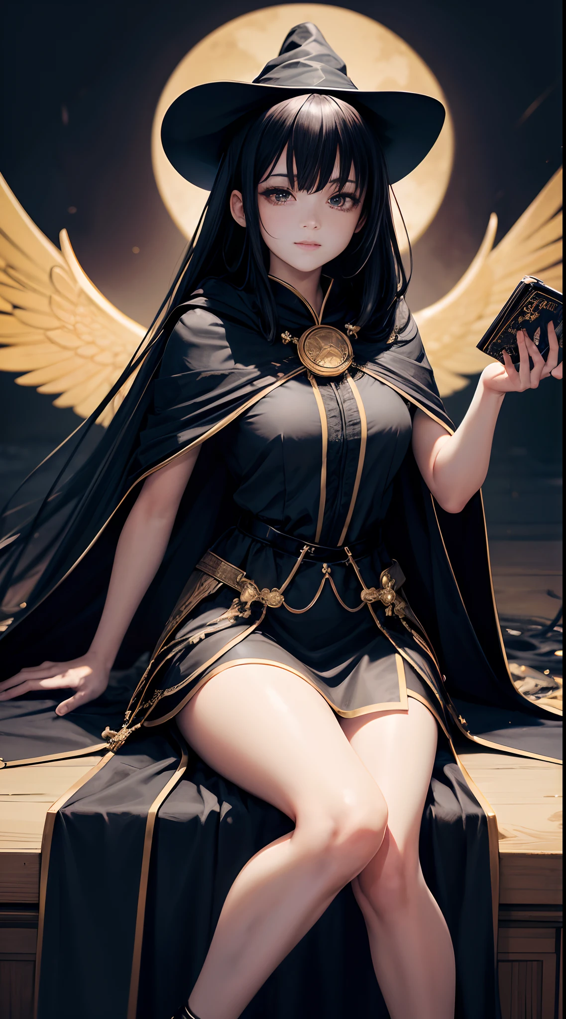 Full-body, black-haired young girl, golden eyes, angelic body, and black witch robe with a mini skirt, wield a book, wear a cloak and witch hat, sitting on the throne of golden sun, black wings, heavenly sun, and dawn background scene, the magic circle with diamond star, brave smile, stable diffusion v5, anime style v3, lora style v5, dynamic, image enhance, dream shape, vibrant, realistic face, 8k quality, upscale, sharp focus.