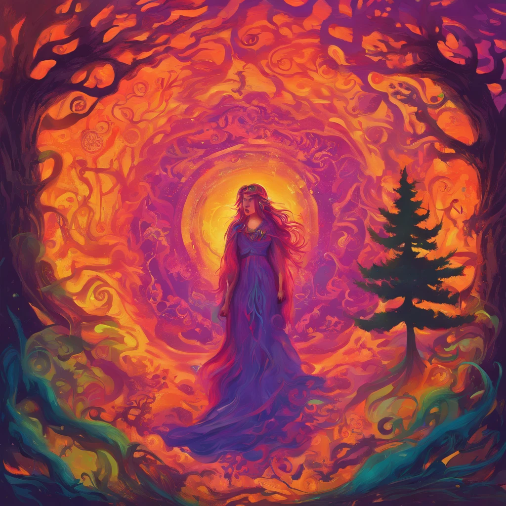 "(best quality, highres, ultra-detailed), The goddess casting mystical glowing spells in a haunted forest, orange and purple hues, portraits, vivid colors, extreme detail description, sharp focus, physically-based rendering, studio lighting, horror, witch, magical, eerie atmosphere, swirling fog, ethereal glow, ancient trees, twisted branches, moonlit sky, mysterious shadows, spellbinding, enchanting, hauntingly beautiful"