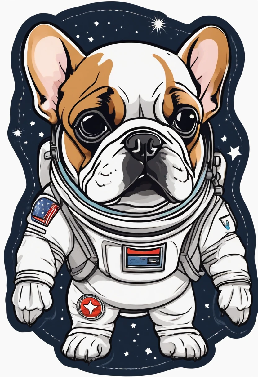 sticker design with outline, a cartoon and simple french Bulldog,french bulldog wear space suit, make funny face, vector, illustration, white background, quality 300 DPI.