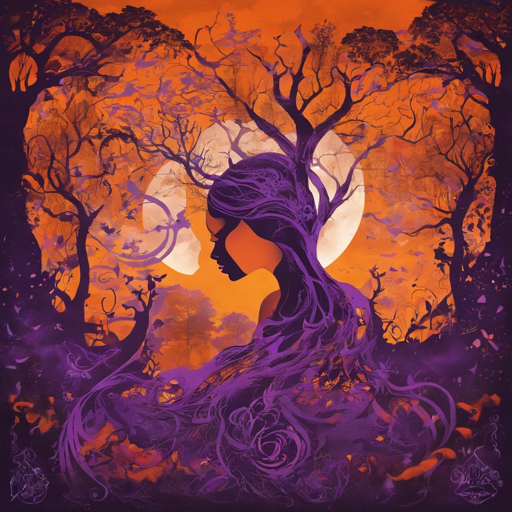 "(best quality, highres, ultra-detailed), The goddess casting mystical glowing spells in a haunted forest, orange and purple hues, portraits, vivid colors, extreme detail description, sharp focus, physically-based rendering, studio lighting, horror, witch, magical, eerie atmosphere, swirling fog, ethereal glow, ancient trees, twisted branches, moonlit sky, mysterious shadows, spellbinding, enchanting, hauntingly beautiful"