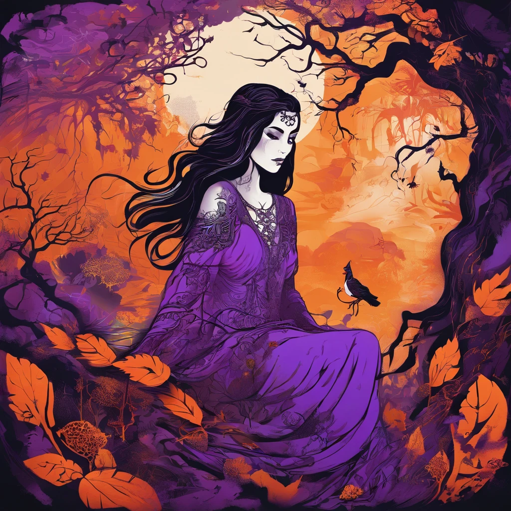 "(best quality, highres, ultra-detailed), The goddess casting mystical glowing spells in a haunted forest, orange and purple hues, portraits, vivid colors, extreme detail description, sharp focus, physically-based rendering, studio lighting, horror, witch, magical, eerie atmosphere, swirling fog, ethereal glow, ancient trees, twisted branches, moonlit sky, mysterious shadows, spellbinding, enchanting, hauntingly beautiful"