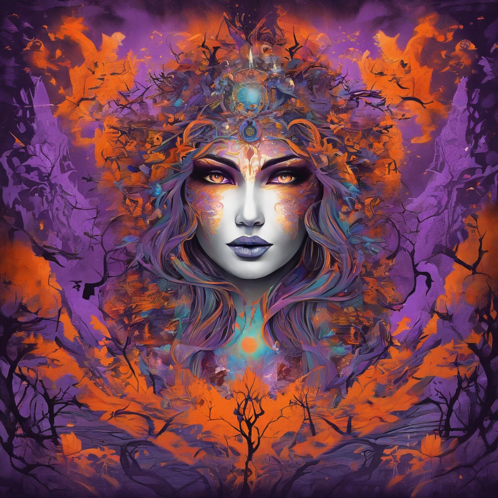 "(best quality, highres, ultra-detailed), The goddess casting mystical glowing spells in a haunted forest, orange and purple hues, portraits, vivid colors, extreme detail description, sharp focus, physically-based rendering, studio lighting, horror, witch, magical, eerie atmosphere, swirling fog, ethereal glow, ancient trees, twisted branches, moonlit sky, mysterious shadows, spellbinding, enchanting, hauntingly beautiful"