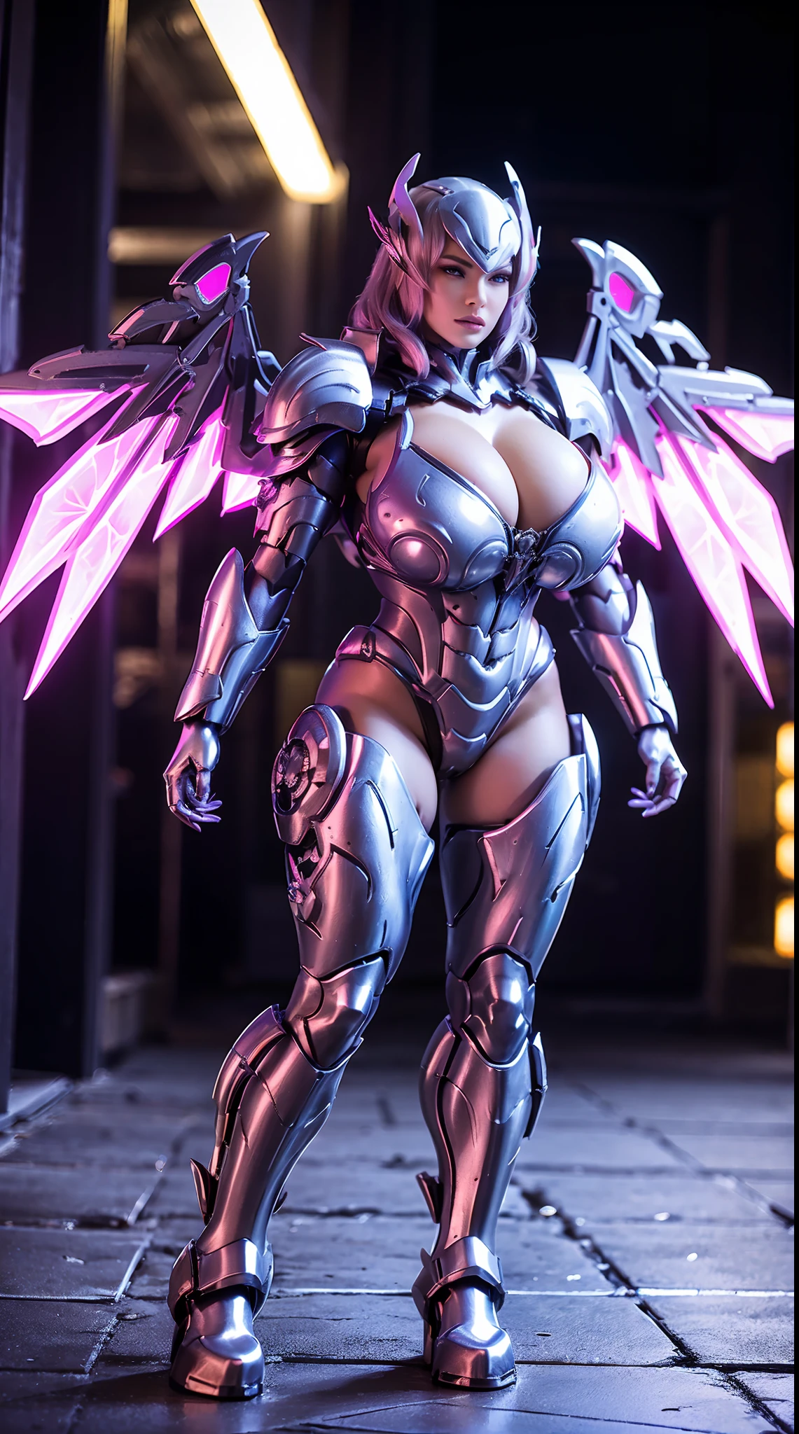 HUGE BOOBS, MECHA ARMOR FULL SUIT, (CLEAVAGE), (A PAIR LARGEST WINGS), TRANSPARANT, TALL LEGS, STANDING, SEXY BODY, MUSCLE ABS.