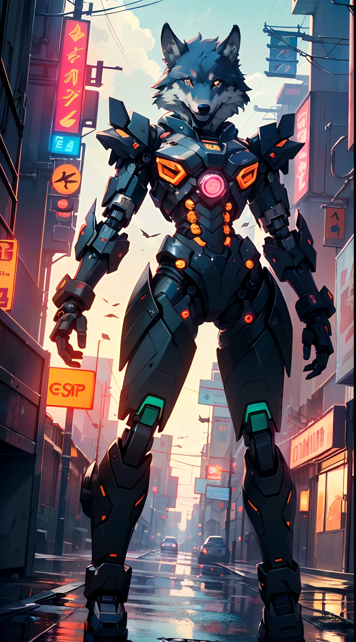 (((A mechanical wolf,cyborg wolf,cyborg-wolf,animal,wolf robot))),no human,detailed wolf,intricate mechanic wolf,robot animal,
(dynamic pose:1.0),solo focus,(centered,scale to fit dimensions,Rule of thirds),
cyberpunk city by the ocean at night, with bright neon signs and dark stormy clouds and puddles, scenery:1.25,
highres, sharp focus, (ultra detailed, extremely detailed), (photorealistic artwork:1.37),(extremely detailed CG unity 8k wallpaper),((synthwave background theme)),(((vibrant colors))),(intricate background),(masterpiece),(best quality),