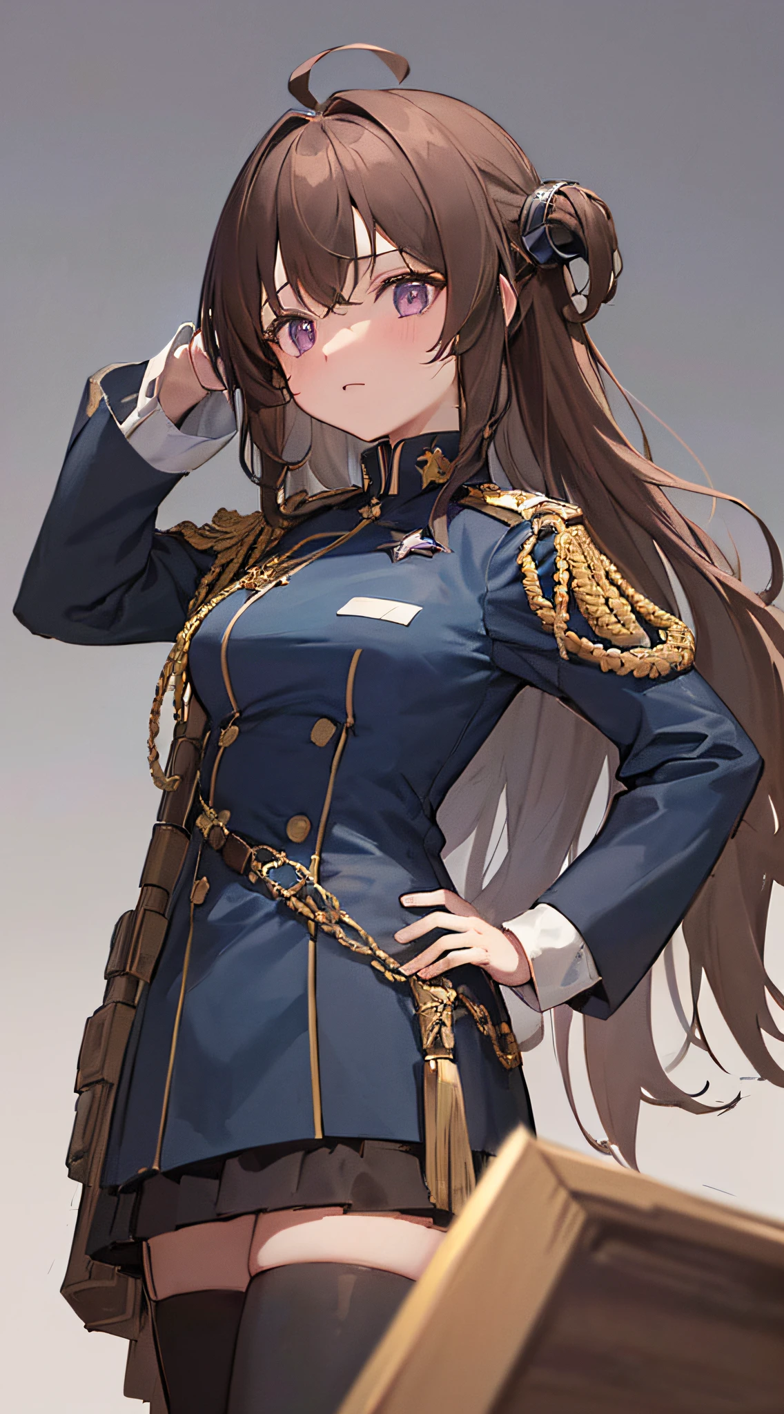 1girl, young girl, solo, a drawing of a young female military officer, (((loli))), ((short height)), breasts, (((waist-length long brown hair))), ((side parted front hair)), ((purple eyes)), shy expression, ((ahoge)), ((((black and dark blue military officer uniform)))), ((military uniform decorations)), ((((white colour background)))), sci-fi, futuristic