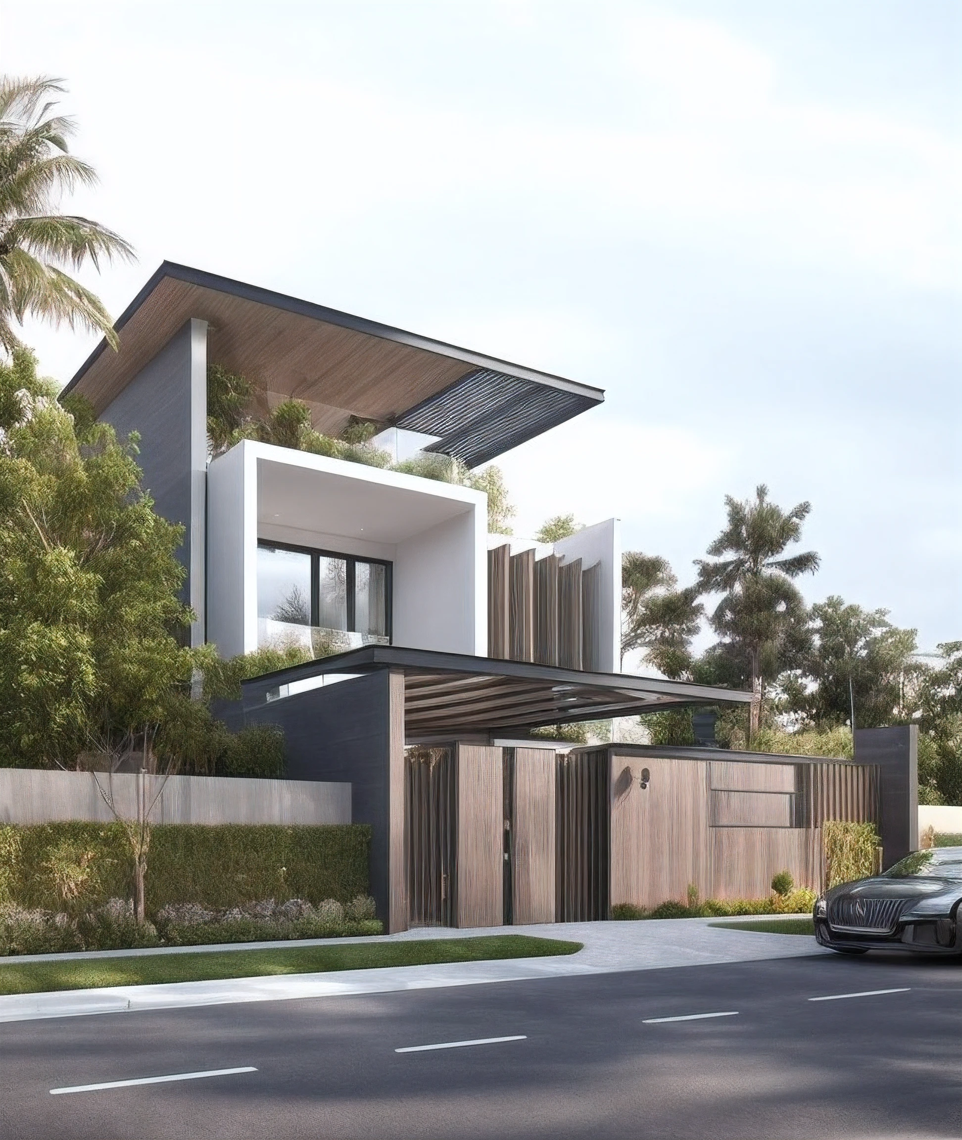 a rendering of a modern house with a car parked in front, exterior design, concept house, precise architectural rendering, contemporary house, high quality rendering, inter dimensional villa, modern style, modern architecture design, architectural rendering, overall architectural design, architectural visualization, modern house, realistic architecture, render to resolute perfection, contemporary architecture, ultra modern, architectural render, beautiful rendering