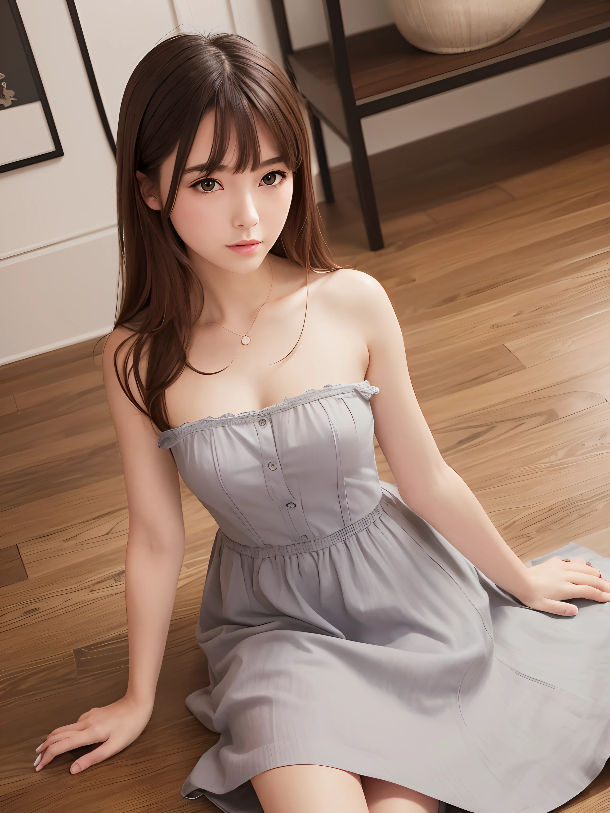 ((22 year old girl wearing a nightdress)), (Kpop idol), sit on chair, dynamicposes, paleskin, (((Natural breasts,))), wears glasses,pendant,(aegyo sal:1.1), (a narrow waist), The long((Low double tail)), purpleish color, (puffy eye)), looks away, ssmile, Raised sexy, Air bangs, inside in room, public, (Bokeh), ultra - detailed, best qualtiy, 超高分辨率, (NSFW:1.1),
