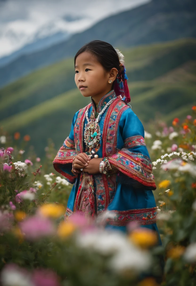 A cute 8--old o kid, weng traditional silver jewelry and colorful embroidered clothing, stands amidst the blooming wildflowers. In the background, a misty blue mountain range extends towards the horizon, with Anne Leibowitz's memorable intimate works as the clue. Using Canon EOS R5 and Canon EF 85mm f/1.2L II USM lenses, wide angle shallow depth of field, focusing on complex details of jewelry and clothing, soft light, and gentle breeze