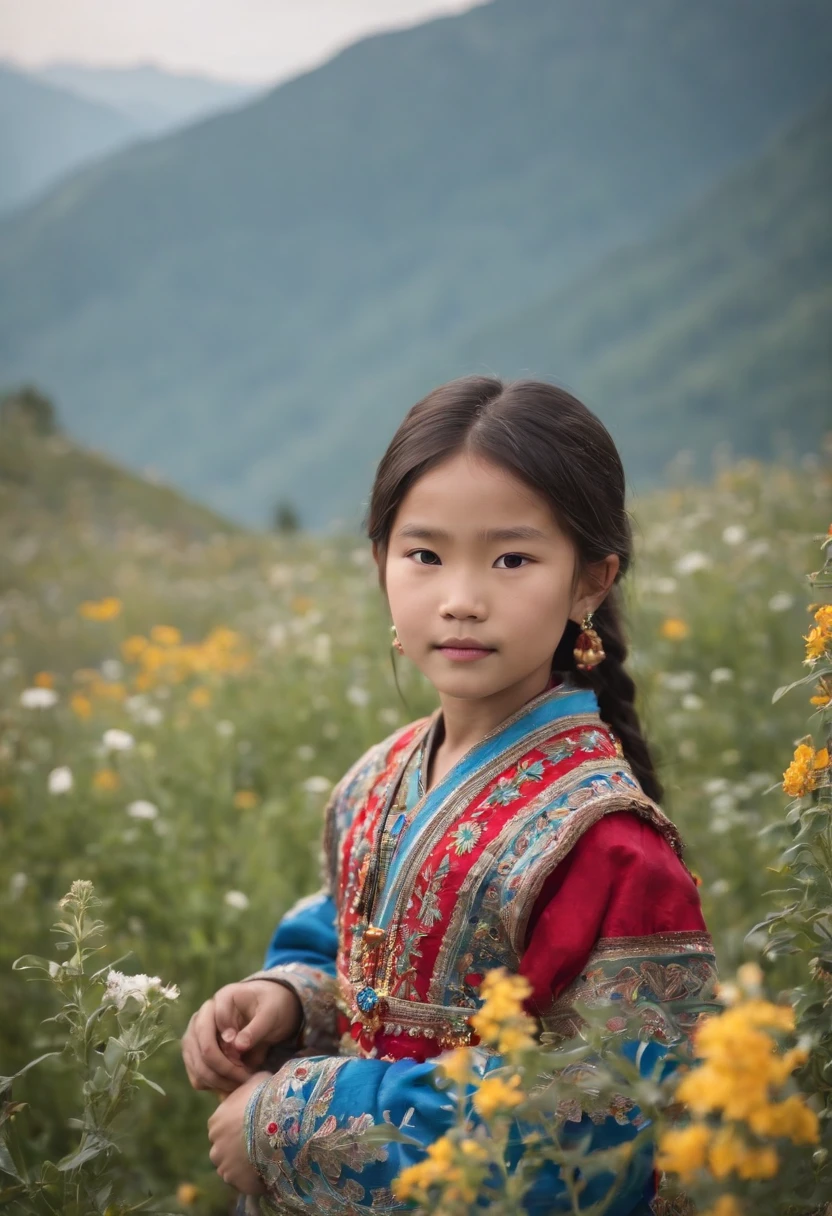 A cute 8--old o kid, weng traditional silver jewelry and colorful embroidered clothing, stands amidst the blooming wildflowers. In the background, a misty blue mountain range extends towards the horizon, with Anne Leibowitz's memorable intimate works as the clue. Using Canon EOS R5 and Canon EF 85mm f/1.2L II USM lenses, wide angle shallow depth of field, focusing on complex details of jewelry and clothing, soft light, and gentle breeze