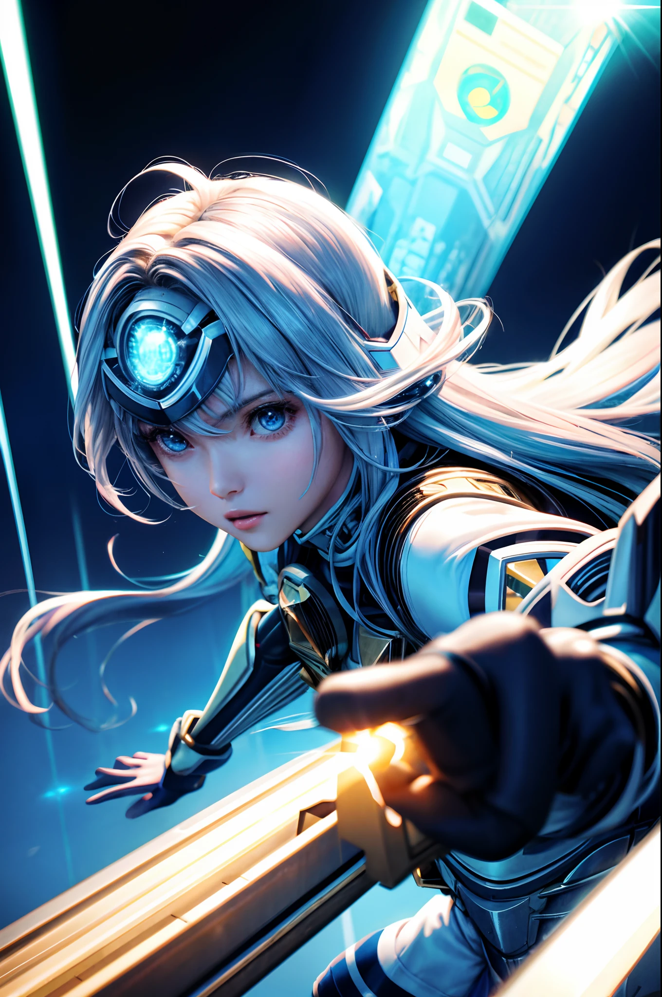 top-quality、​masterpiece、超A high resolution、(Photorealsitic:1.4)、1人、Light blue hair、Straight hair, shiny and clean hair、White shiny skin、Sexy Cyberpunk Girl、((super realistic details))、ultrasharp、hyperdetailed face、highly intricate detail、(Facing the camera)、((valkyrie))、((holding beam sword))、Combat stance