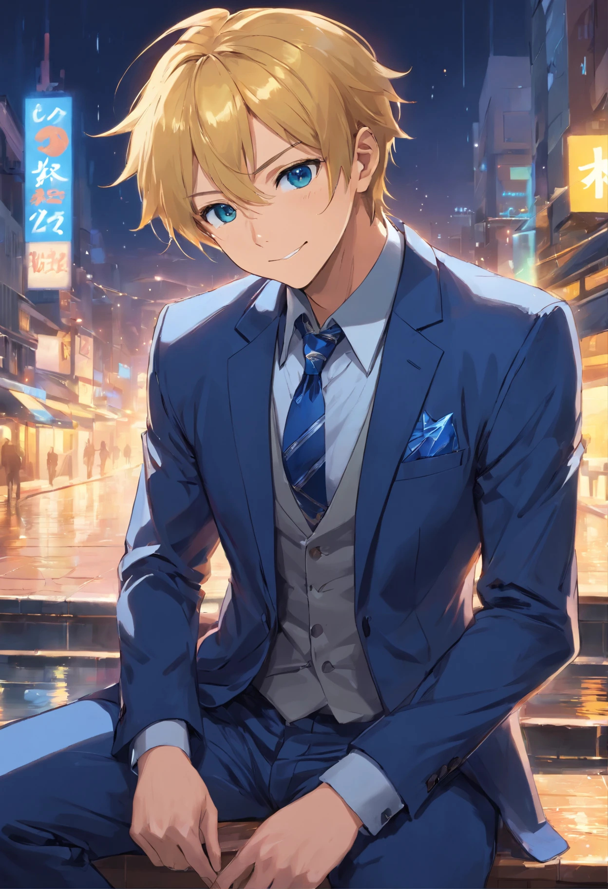 (Front view:1.4),sbeard,groomed beard,45 yers old,Dandiman  ,The composition of the upper body,Makoto Shinkai's painting style,jpn,(A smile:1.3),ridicule,A tall man,sbeard, Delicate facial features like an actor,(short detailed hair:1.4),Real brunette hair, (Dark blue suit:1.5)、Dark blue tie,musculous, Eyes are brown, Night sky starry sky background,（1 Adult male），A high resolution， Sharp focus， Pixiv masterpiece， （（Complicated details））， highly  detailed， natsuki_subaru， 1 man，perfect male figure，Urine on the trouser leg， Nervously bow your head，is shy，embarressed，exhilarated，is shocked，panicking，worry，A pool of urine formed around him，Very eager to pee，Unbearable，Wet yourself，Urine discharge，full bodyesbian，sit astride，Tired，decadent， blue color eyes（eyes glowing）， Short yellow hair，white  shirt，Wear a tie，Wear a belt，trousers，perspire，Drenched，Get wet，pissing，urine flows down the pants，look from down