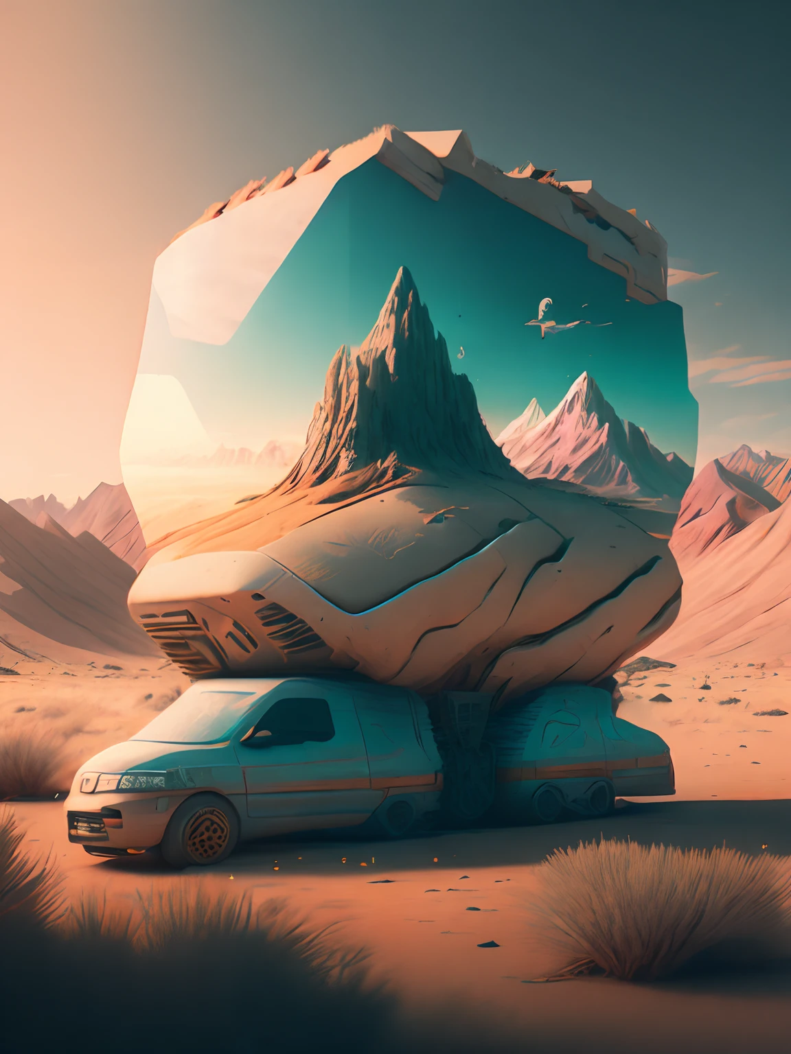 a strange looking object in the desert with mountains in the background and a sky background by Beeple Mike Winkelmann