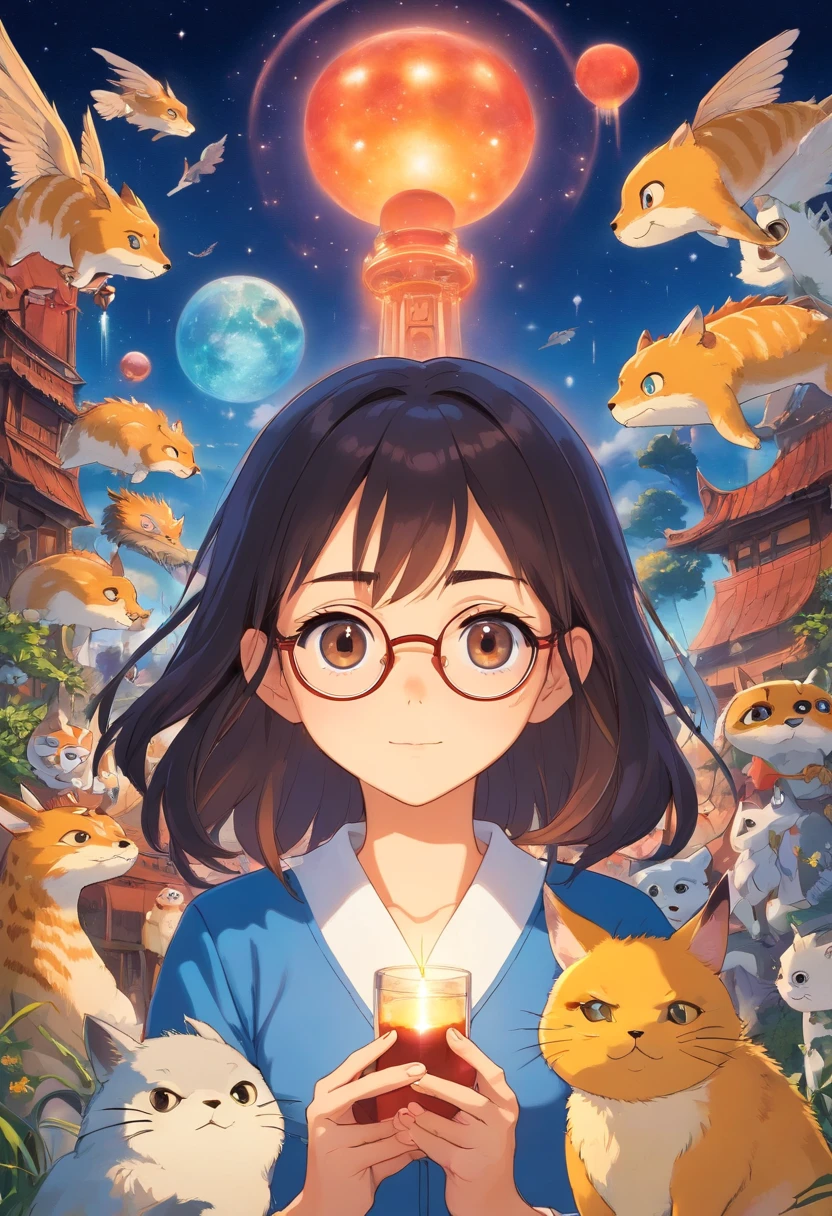 ( alta qualidade , ultra detalhado, Hand care )Zodiac - funny, Rosto imaginativo , inquieto, nervoso, estilo cuidado ,Round Eyewear ,olhos azuis claros , cabelos negros ,roupa preta , corpo inteiro , look de maquiagem de paquera