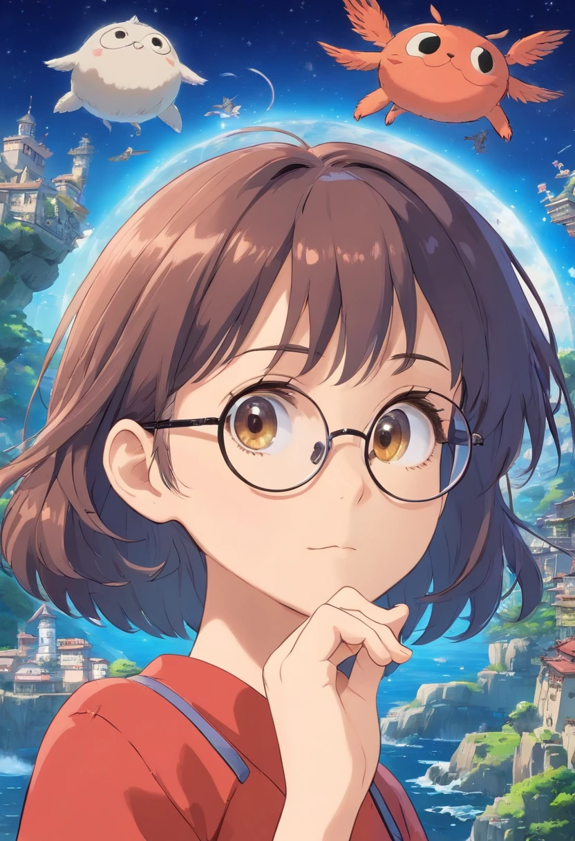 ( alta qualidade , ultra detalhado, Hand care )Zodiac - funny, Rosto imaginativo , inquieto, nervoso, estilo cuidado ,Round Eyewear ,olhos azuis claros , cabelos negros ,roupa preta , corpo inteiro , look de maquiagem de paquera
