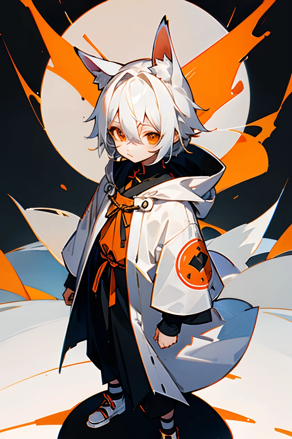 white hair、Orange eyes、Hood from the top of the fox's ears、cute little、male child、Standing Picture、frontage