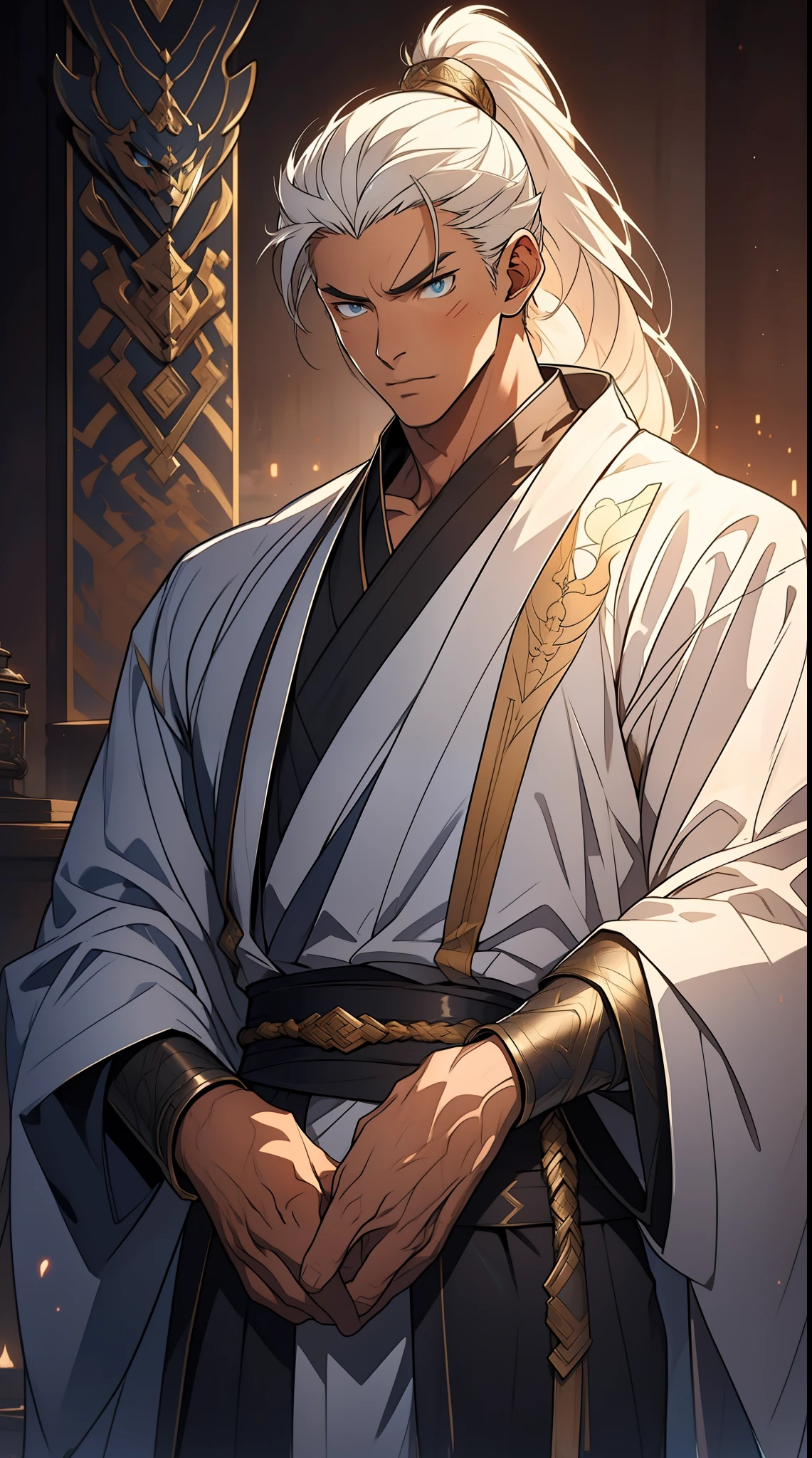 quadratic element,style of anime,mtu(Male Warrior),The proportions are correct,Face details,swordsmen,High ponytail hairstyle,Neck details,There is an Adam's apple,White robe,kaftan,long white robe,clothes details,Handing over,longer sleeves,Game quality,Swordsmanship,Light and shadow tracking,Ray traching,detailed glow,cg render,hair detail,cabelos preto e longos,blue colored eyes,Handsome,Handsome,(juvenile sense),Clothing is complicated,Perfectcomposition,Refinement,high qulity,higher details,Lots of details,The background is complex,a sense of atmosphere,
