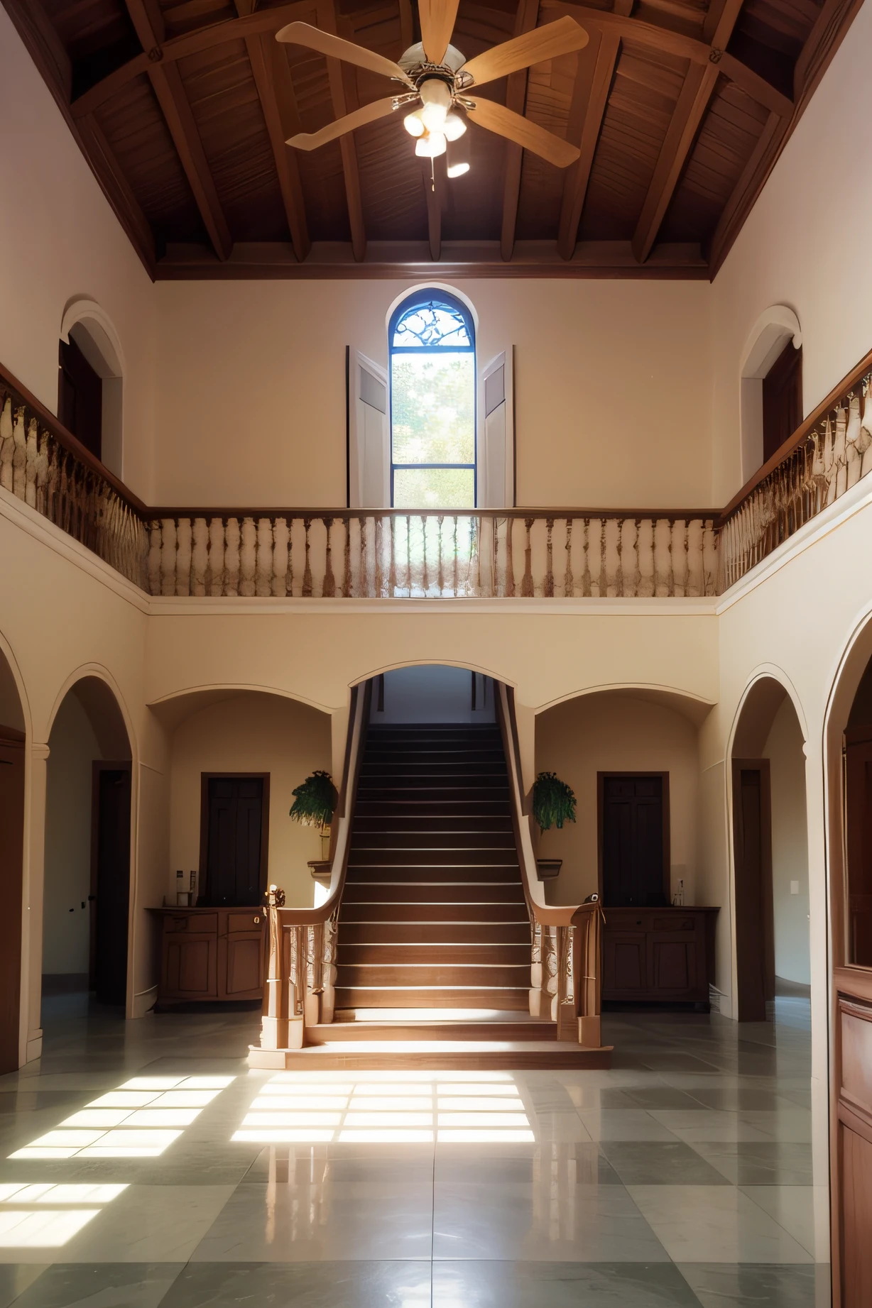 Front view,Lots of tiled floors,Small perspective,A little overlook,Villa hall,a large living room,Small staircase in the background,Large room,spacious