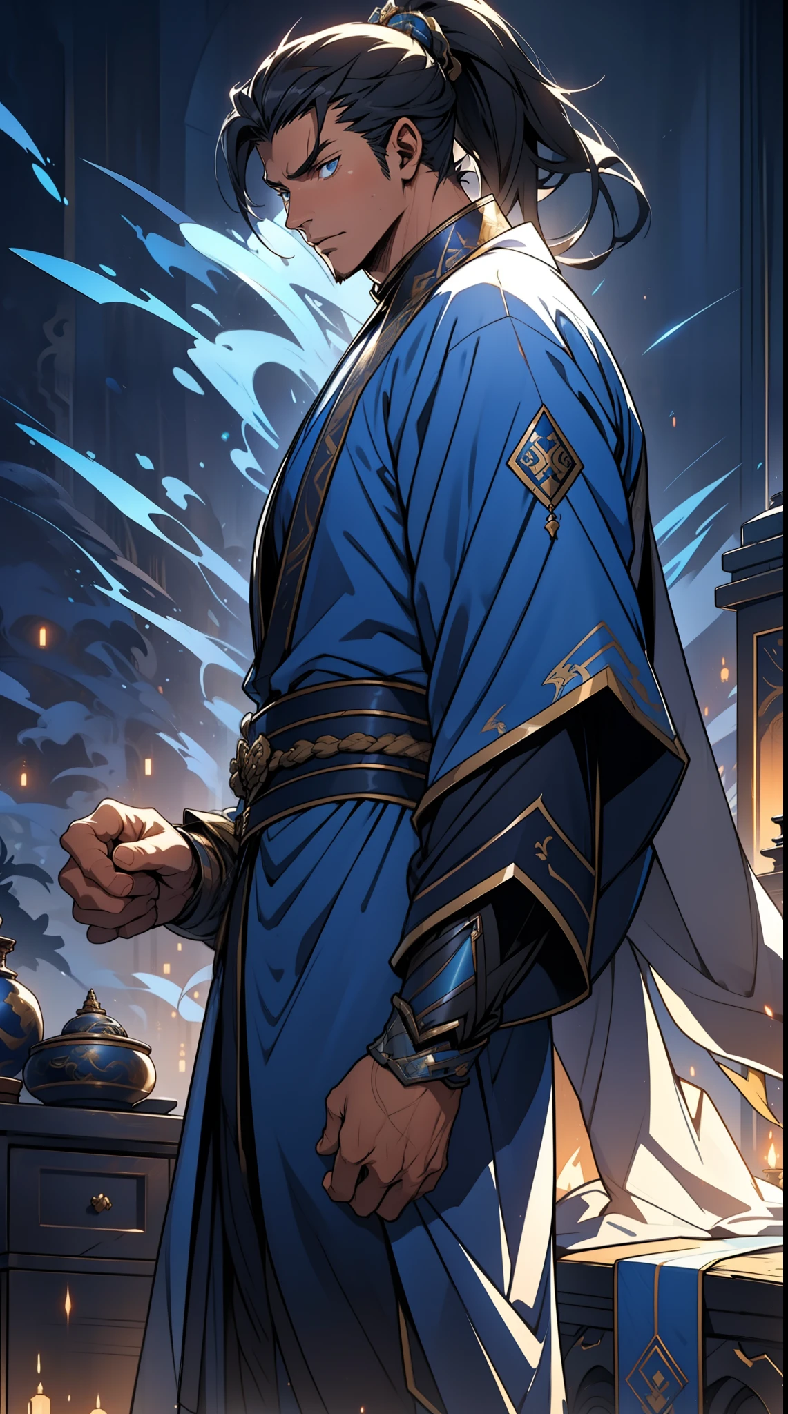 quadratic element，style of anime，mtu（Male Warrior），The proportions are correct，Face details，swordsmen，High ponytail hairstyle，Neck details，There is an Adam's apple，Blue suit，kaftan，long blue robes，clothes details，Handing over，longer sleeves，Game quality，Swordsmanship，Light and shadow tracking，Ray traching，detailed glow，cg render，hair detail，Black long hair，blue colored eyes，Handsome，Handsome，（juvenile sense），Clothing is complicated，Perfectcomposition，Refinement，high qulity，higher details，Lots of details，The background is complex，a sense of atmosphere，