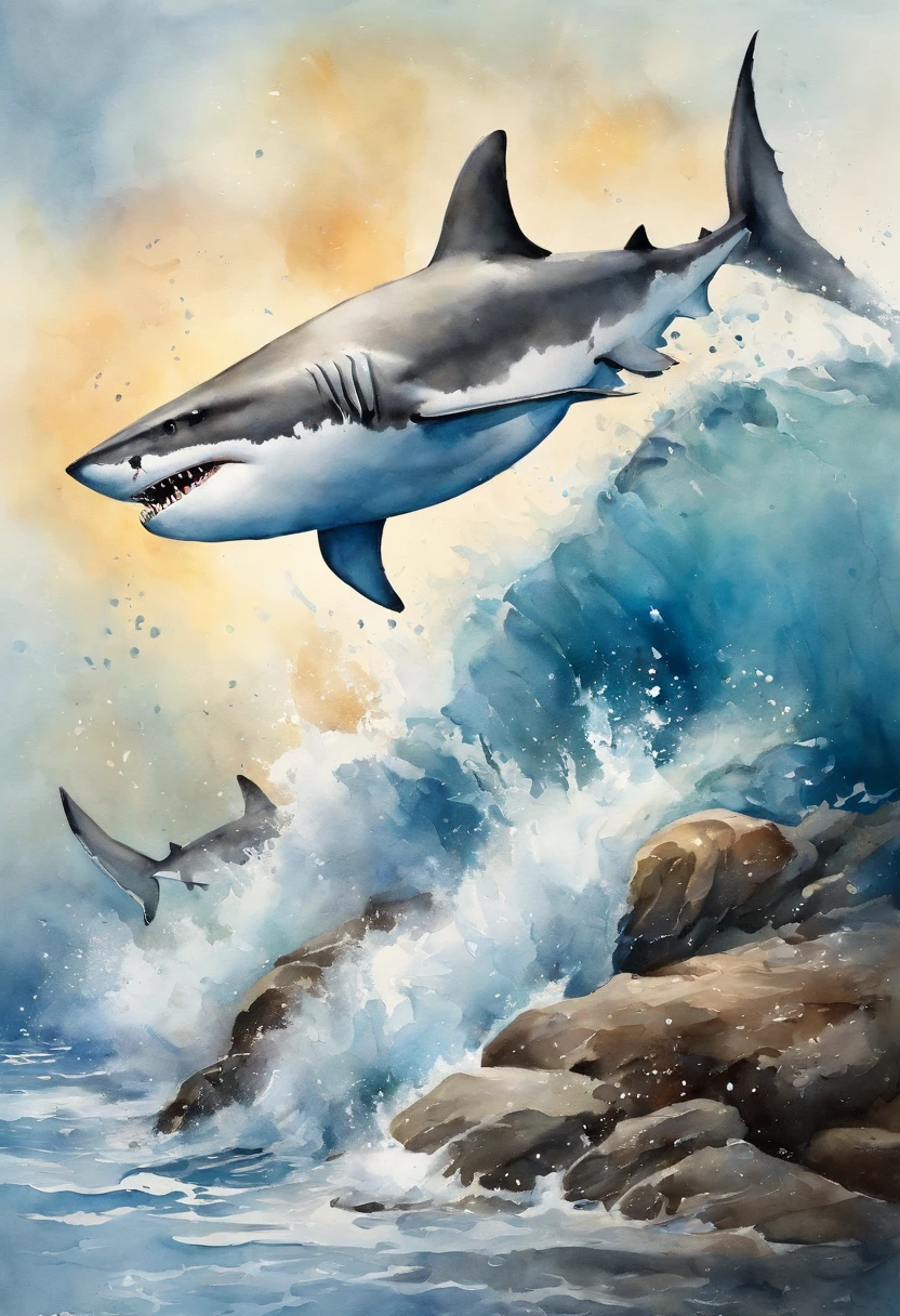 Sharks jumping out of the water，with a huge mouth open，dentes pontiagudos，ferocious，Splashes，