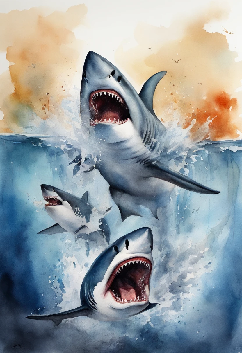 Sharks jumping out of the water,with a huge mouth open,dentes pontiagudos,ferocious,Splashes,