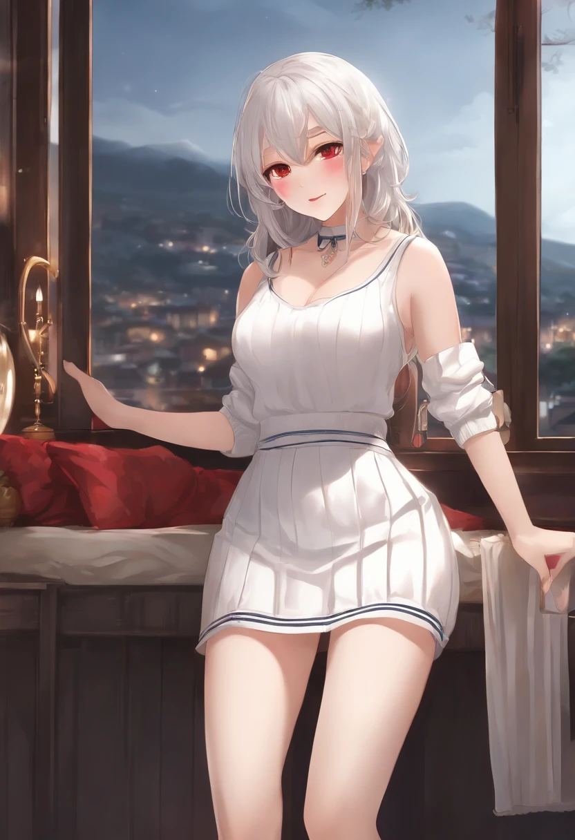 NSFW、masterpiece、Top image quality、high detailing、Detailed beautiful face and eyes、(leaning forward:1.6)、abajour、window、(White Sleeveless Plain Sweater:1.2)、(nighttime scene:1.5)、nighttime scene、(Longhaire:1.2)、(Tsuriformes:1.4)、length hair、(red eyes:1.2)、Delicate interior design、Blue stripe々Panties、(White Thigh Socks:1.2)、1girl in、(Long white hair)、red blush、(a beauty girl)、(huge-breasted:1.2)、(Proud smile:1.1)、full-face blush, (embarrassed:1.2)、(Arms crossed:1.4)、The whole body is reflected、(Blunt bangs:1.2)、Big buttocks、thick thight、(Micro Black Pleated Skirt)、(a short skirt:1.4)、(dynamic ungle:1.4)、(adult body:1.2)、Absolute Area、I can see my panties
