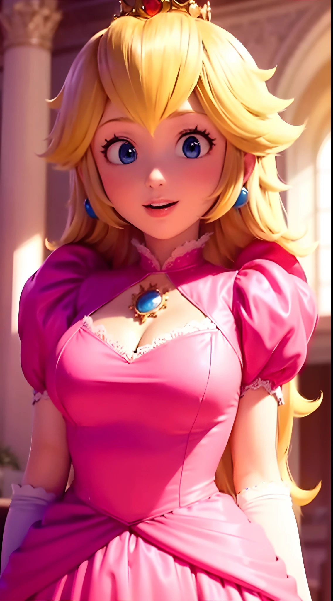 (Inside a castle setting,) A ite Princess Peach wearing a beautiful hot pink dress, she is gentle and compassionate and is shown smiling gently, she is over 6 feet tall and wears a golden crown atop her blond hair and white gloves. With a focus on her large alluring chest, ( large chested, decolletage, ( poking through clothing)), she is depicted in a close-up shot from below.