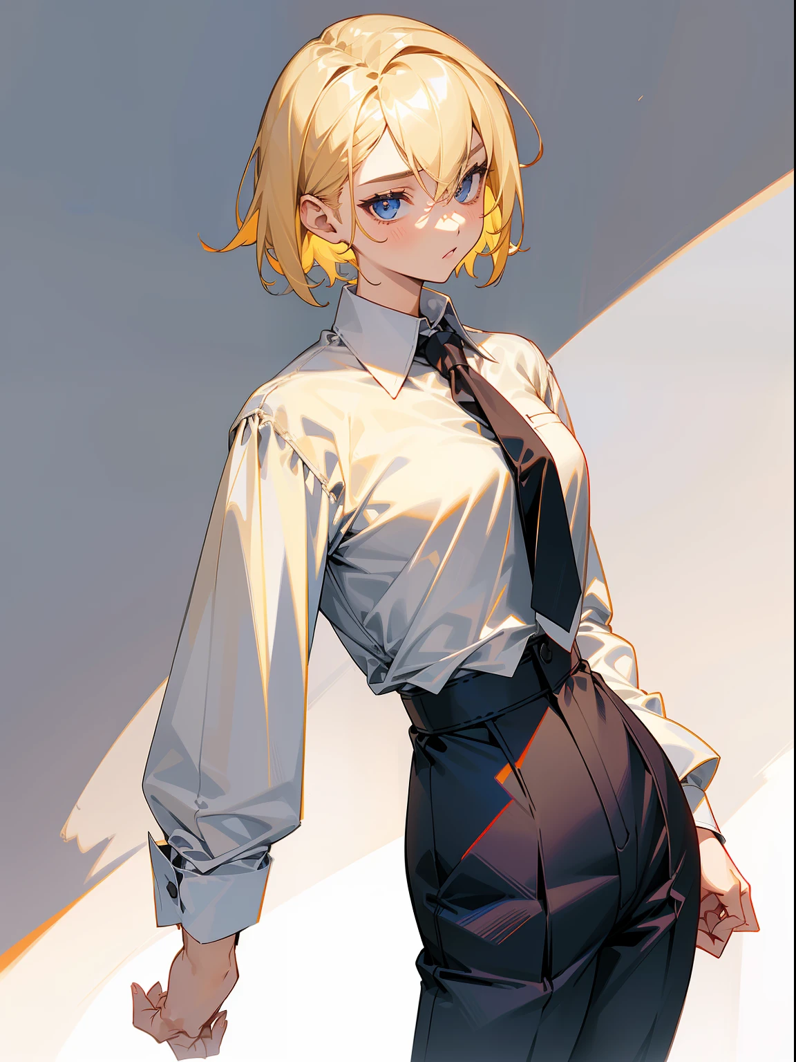 shirt, ((solo)), pants, ((1girl)), (black pants), necktie, (black necktie), (white shirt), simple background, cowboy shot, (sleeves rolled up), (shirt tucked in), (collared shirt), (short hair), looking at viewer, (high-waist pants), standing, (blonde hair)