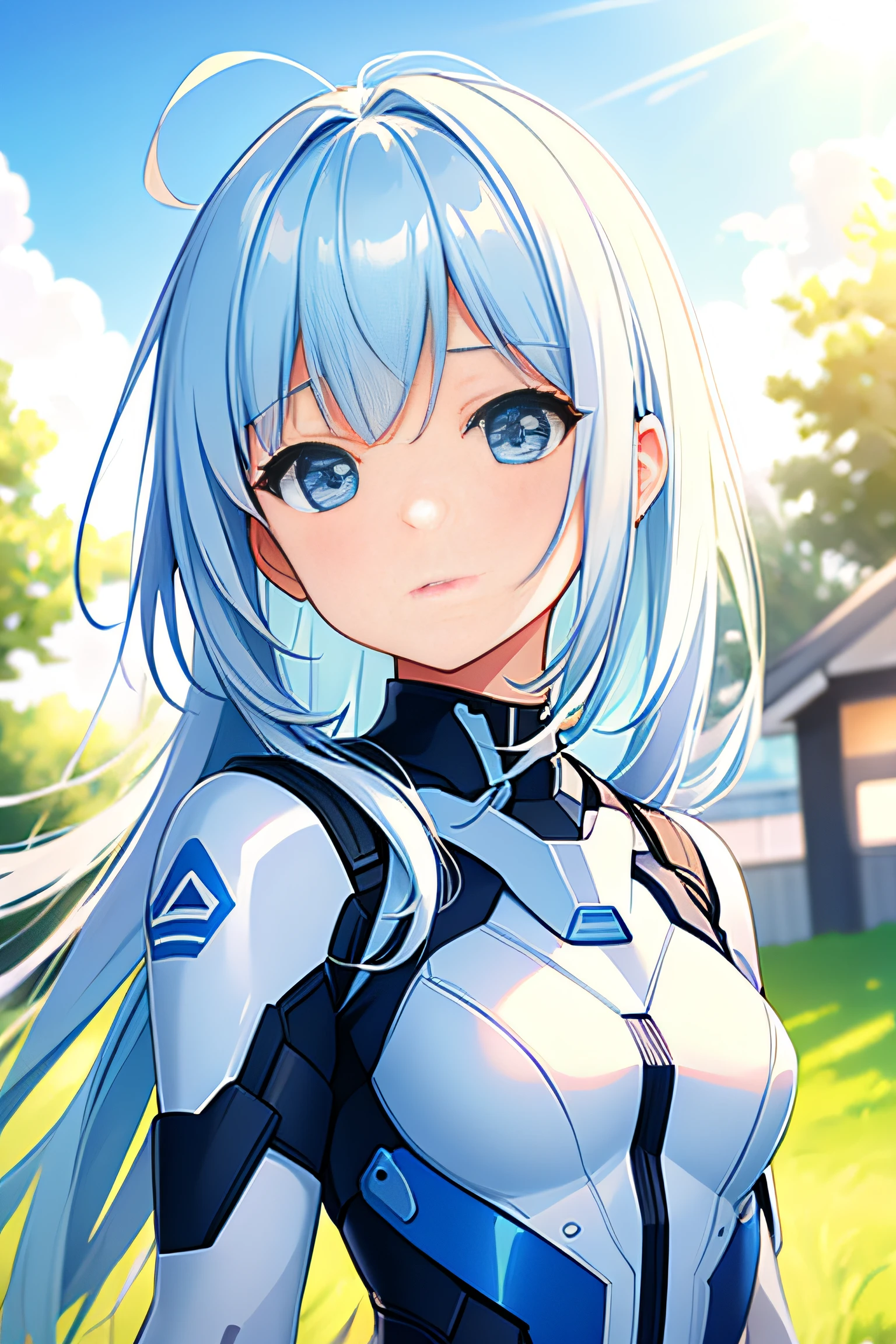 White combat suit with blue pattern, a cute girl, pixie cut hair, small breasts, flat chest, outdoors, blue sky, Canon, masterpiece, high quality, high details, textured skin