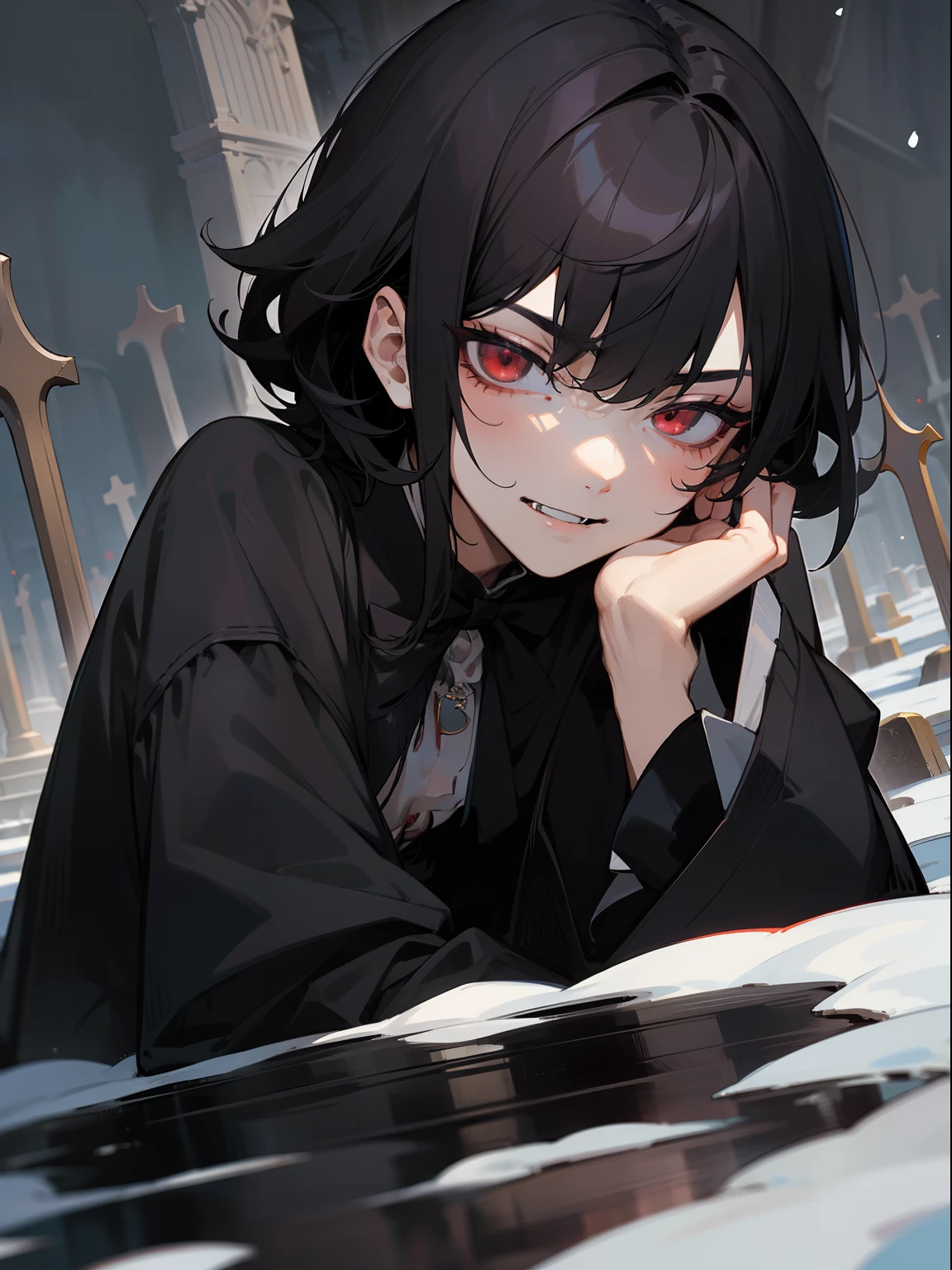 Ritsu Sakuma, masterpiece, best quality, male character, black hair, fluffy hair, soft hair, red eyes, bowlcut, short black hair, bangs, side bangs frame cheeks, vampire, fangs, stylized character design, male, highly detailed outfit, sleepy, tired, handsome, cute, lovely boy, antique, frontage, lateral face, lovely boy, perfect face, detailed eyes, elegant, slim, dark, facing camera, gothic, vampirism, pierced ears, elegant, historic, nighttime, relaxed, peaceful, midnight, beautiful, detailed background, cemetery, haunted, lithe, avant- grade , original, rgkg, sly, smirk, tired eyes, eye bags, dark eyes, eyelashes, graveyard, snow