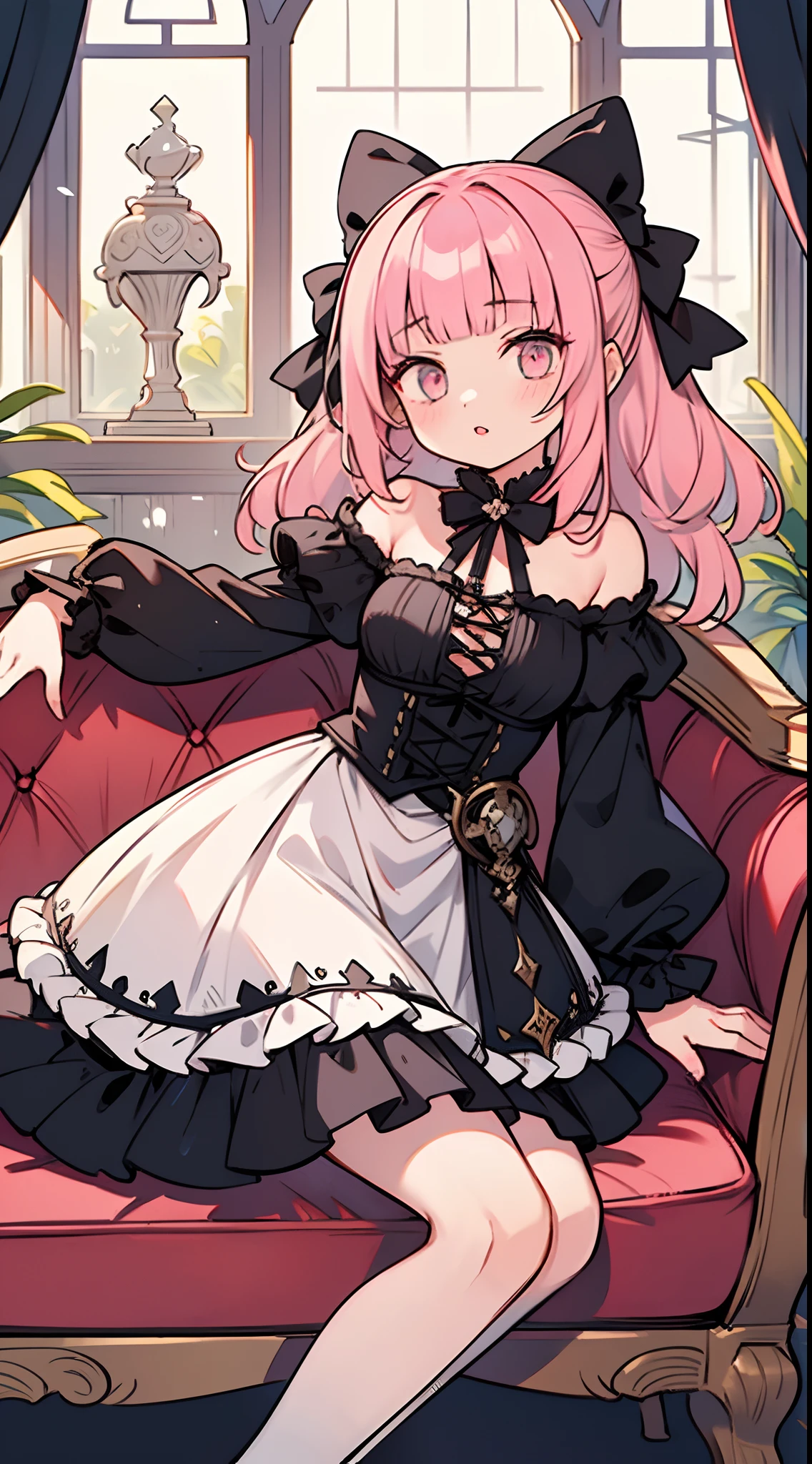 Best Quality, masutepiece, 1 girl, my, (slender:1.3), medium breasts, (Pastel Hair Hair:1.3), Long hair, Wavy Hair, Twin-tailed, (Blunt bangs:1.3), Looking at Viewer, Bow, (Medieval fantasy:1.3), Sense of depth, (Hair Bow:1.3), (Red goth loli:1.3), Horizontal view, (sitting on the gothic sofa:1.3), (Black sofa:1.2), Front Angle, (black and white window:1.3), (black interior:1.2), (Pink lips:1.3)