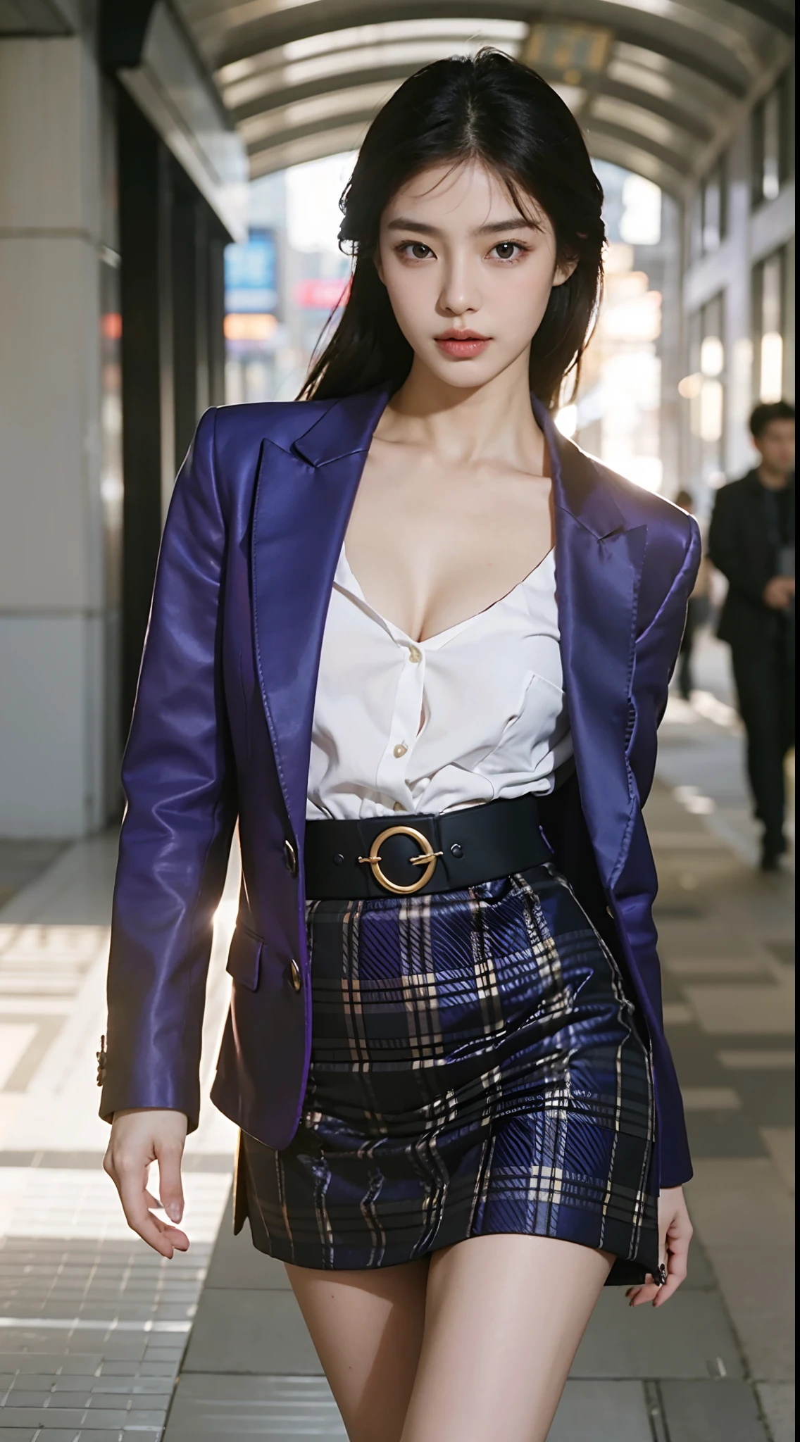 Model photo of beautiful asian woman walking like a runway in the streets of NY in purple coat and plaid skirt, Wearing a purple frock coat, Vivienne Westwood!, Wearing a detailed purple coat, Purple and yellow, Versace, Vivienne Westwood, Inspired by Benjamin Mara, Versace Official Editorial, Purple and black clothes, Fall Winter 2015-2016, by Nina Hamnett、Gorgeous young Korean woman、Extremely beautiful face、Gold Gorgeous Face、face perfect、Eye level、Functional、hight resolution、Minimal refinement、Beautiful young Korean woman、beautiful aesthetic face、8K、photographed、(realisitic、Photorealsitic: 1.37)、The best and most perfect beauty in the world、very large breast、profetional lighting、a handsome 、beautiful shiny brown long hair、hight resolution、1080p、studio shoot、Sexy hip line、Bright lighting、(Crisp face)、(Detailed face description)、Rich details、Skin clarity and hydration、Skin texture and detail、Textured、 Hair texture and contrast、beautiful and delicate face、beautiful and delicate eyes、Crisp double beautiful eyes、Skin detail and texture、Hair details and texture、Skin contrast and detail、Lip texture and contrast、Texture and contrast of clothes、Eye texture and clarity、beautidful eyes 、Cutting-edge fashion、Fashionable、High-level images、Large chest line、Sexy bust bulge、Bright blue sky、Men looking at her、