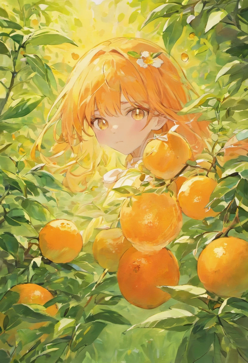 oranges,Orange blossoms,painting of a,aquarelle,sketching,floa,A plant,the fruits,Ripe oranges,Orange colors,green color,white colors,Orange,uniform distribution,delicated