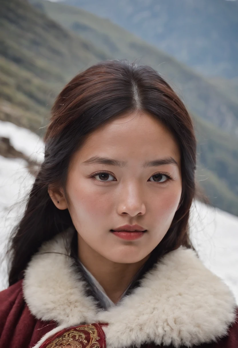 Tibeten lovely girl,Tibet Snow ,The 1970s,White smoke,Full of movement ,Hasselblad,National geographic photo,half body shot, high quality photo