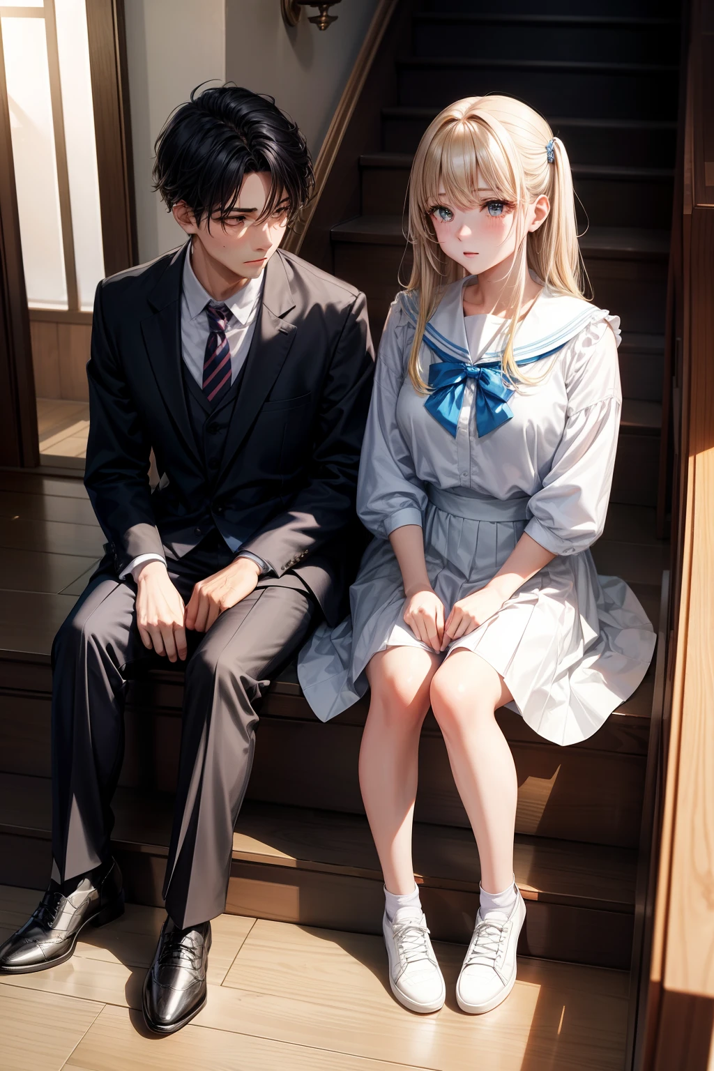 {{Male and female couples}}、Stairs in the house、sitting on stairs、Girl in white blouse and tight skirt、Man's cold gaze、Boys' School Uniform、Put your hands around your waist
