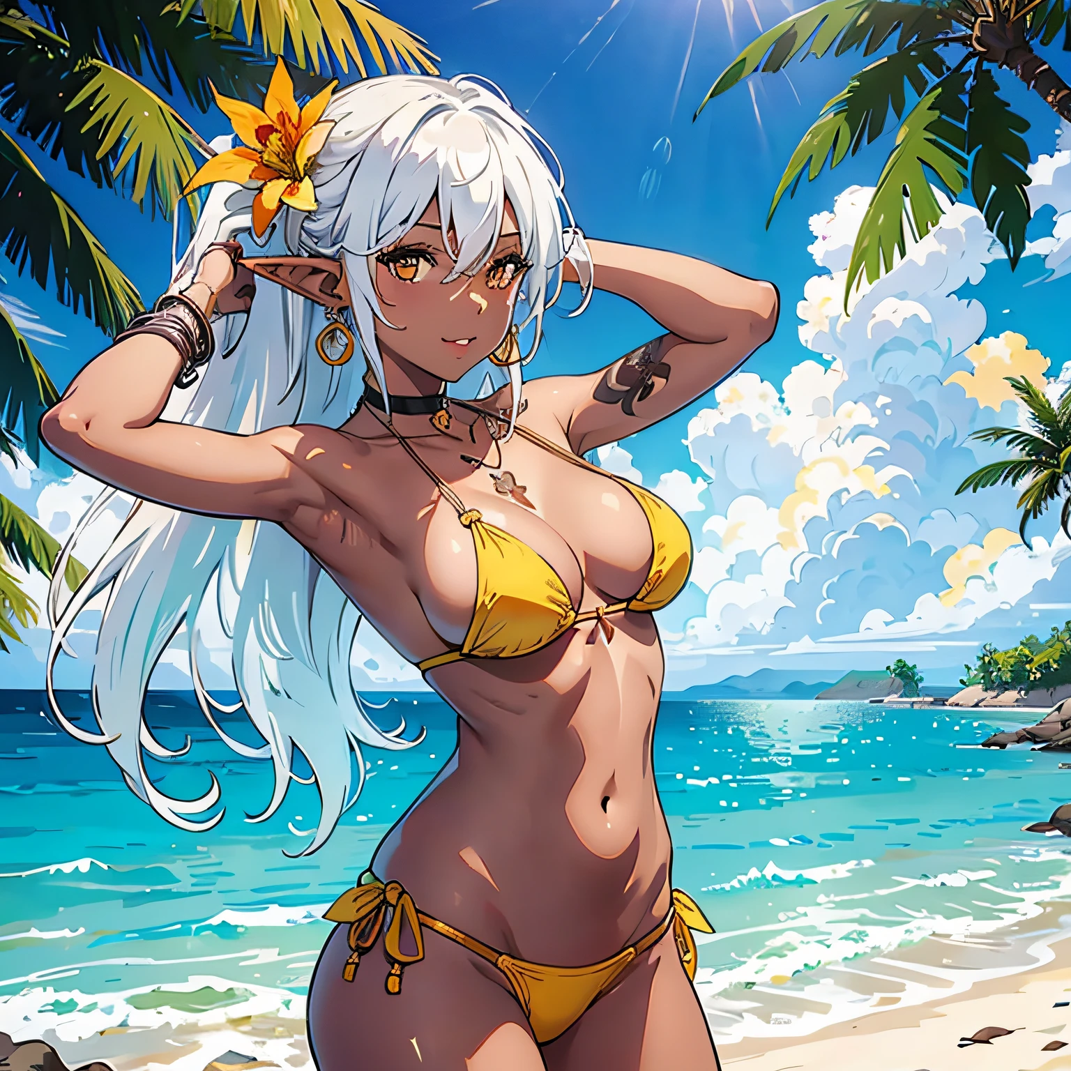 1girl, breasts, solo, dark skin, dark-skinned female, jewelry, long hair, elf, pointy ears, navel, outdoors, large breasts, armpits, tree, smile, flower, tattoo, swimsuit, bikini, looking at viewer, day, dark elf, armlet, necklace, hair ornament, arms up, palm tree, hair between eyes, orange eyes, earrings, white hair, sky, hair flower, cowboy shot, very long hair, bangs, parted lips, stomach, blue sky, arms behind head, choker, cleavage, cloud, yellow bikini, sidelocks, ocean, yellow flower, orange bikini, flower necklace, bikini bottom only, mismatched bikini, water, collarbone, topless