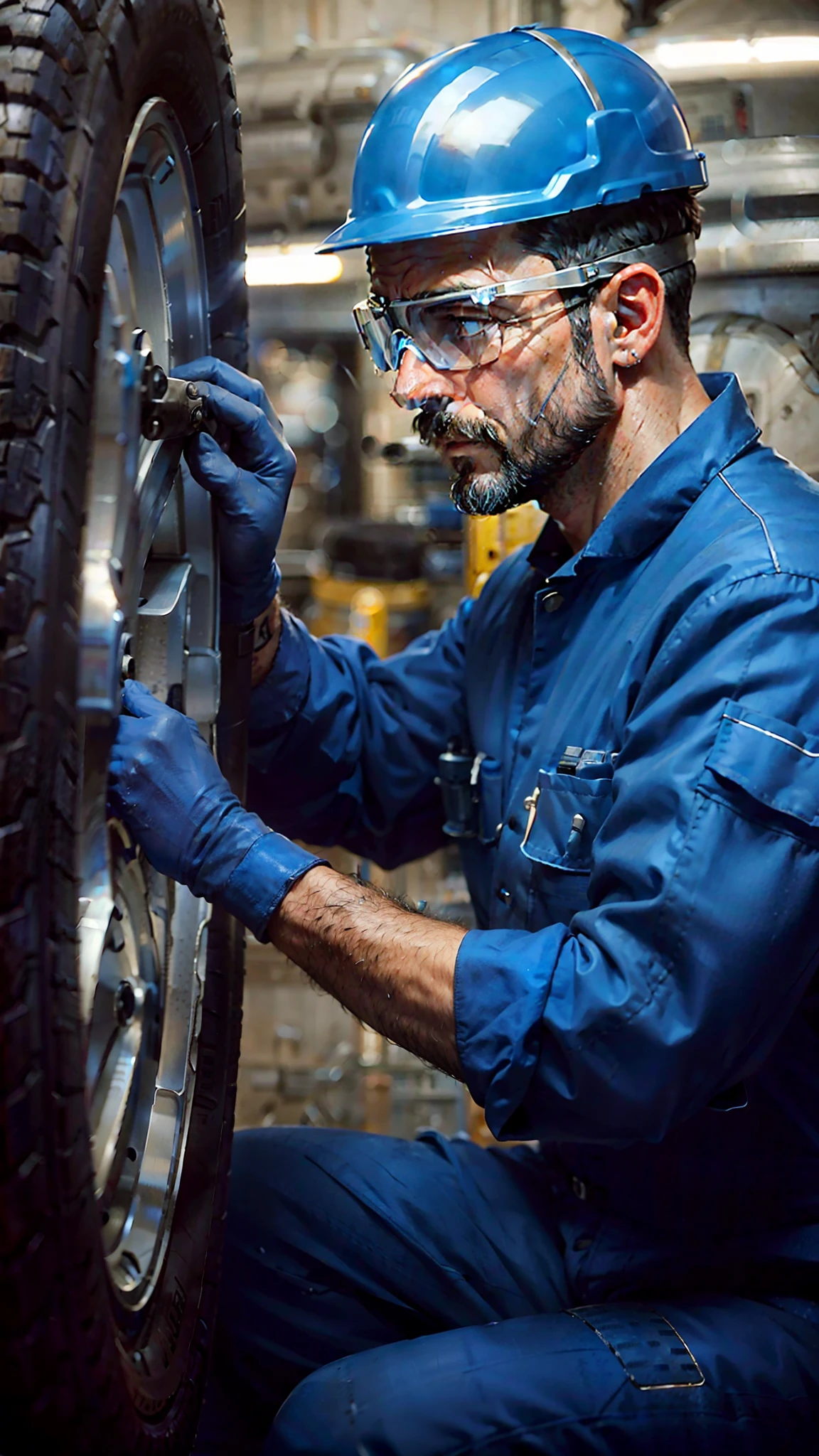 40-year-old American man,short mustache,Transparent Goggles,blue uniforms,Repair the tires of a car,(screws),Look at the tires,the sideview,Hand detail,(whitegloves),hyper-detailing,hyper HD,(wide wide shot),(Tires for cars), UHD --aspect 9:16 --aspect 9:16