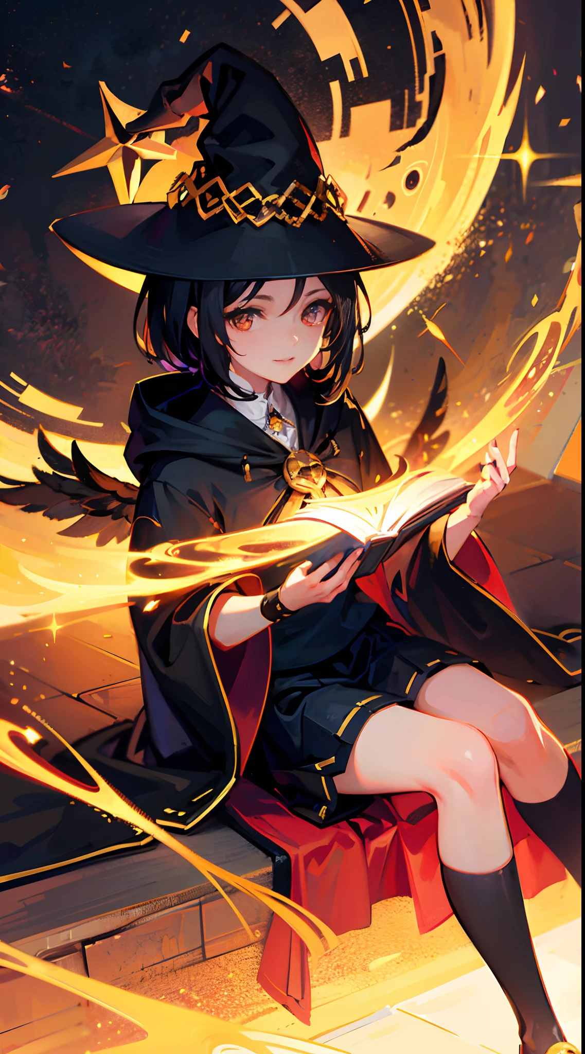 Full-body, black-haired young girl, golden eyes, angelic body, and black witch robe with a mini skirt, wield a book, wear a cloak and witch hat, sitting on the throne of golden sun, black wings, heavenly sun, and dawn background scene, the magic circle with diamond star, brave smile, stable diffusion v5, anime style v3, lora style v5, dynamic, image enhance, dream shape, vibrant, realistic face, 8k quality, upscale, sharp focus.