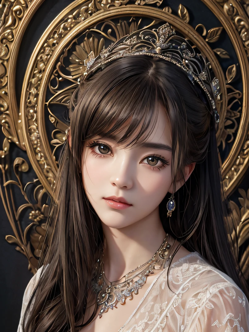 A close up of a woman wearing a tiable and a necklace - SeaArt AI