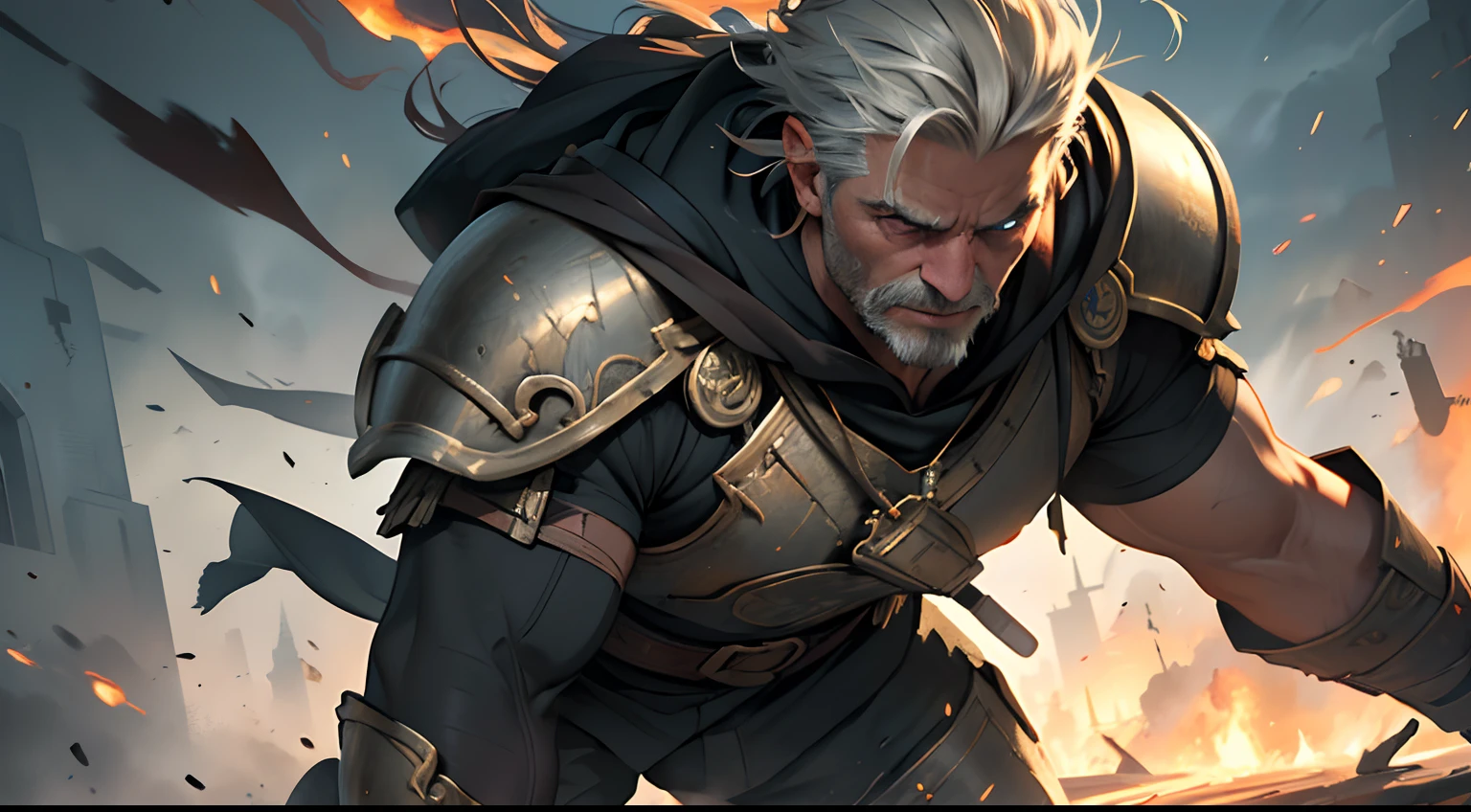 (best quality,4k,8k,highres,masterpiece:1.2),ultra-detailed,(realistic,photorealistic,photo-realistic:1.37),old warrior emerging victorious from the fight,illustration,aged warrior,wisdom-filled eyes,battle-hardened features,strong facial expression,weathered skin,gray hair,experienced hand gripping the sword,tattered armor,life-like battle scars,dust particles in the air,brutal battlefield,background wreckage,ominous lighting,vivid colors,wisps of smoke around the warrior,historical painting,suspended moment,great sense of triumph,heroic stance,imposing presence,heavy atmosphere,powerful aura,aged wisdom,conquering adversity,ultimate victory,gritty texture,legendary warrior,unsurpassed skill,awe-inspiring,pendant with a symbol of honor,emblem of bravery,detailed wrinkles,commanding leader,unyielding determination,striking contrast between light and shadow,feeling of motion,achievement,dedication,unforgettable masterpiece