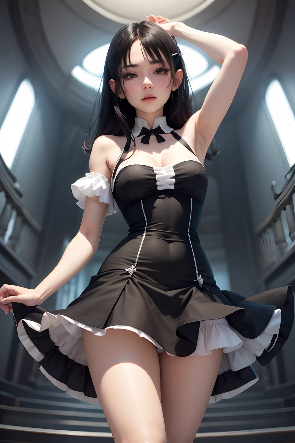 Yorticia, Yort, shorts dress, armpits, black hair, Big legs, Open legs, white panties,