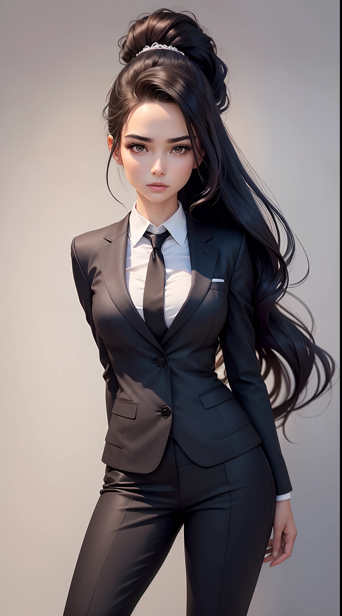 Create an image of a woman who exudes beauty and strength in every detail. She must be standing, with raised shoulders and resolute facial expression, but friendly. Dress her in a flawless suit, incluindo um blazer de corte elegante, tailoring pants and shoes that denote professionalism.
Destaque seus olhos, Who should convey determination, and your skin with a natural and healthy complexion. Seu cabelo deve ser penteado de forma sofisticada, sem exageros sensuais. Evite qualquer pose ou detalhe que sugira sensualidade, Focusing on conveying your confidence and inner power.