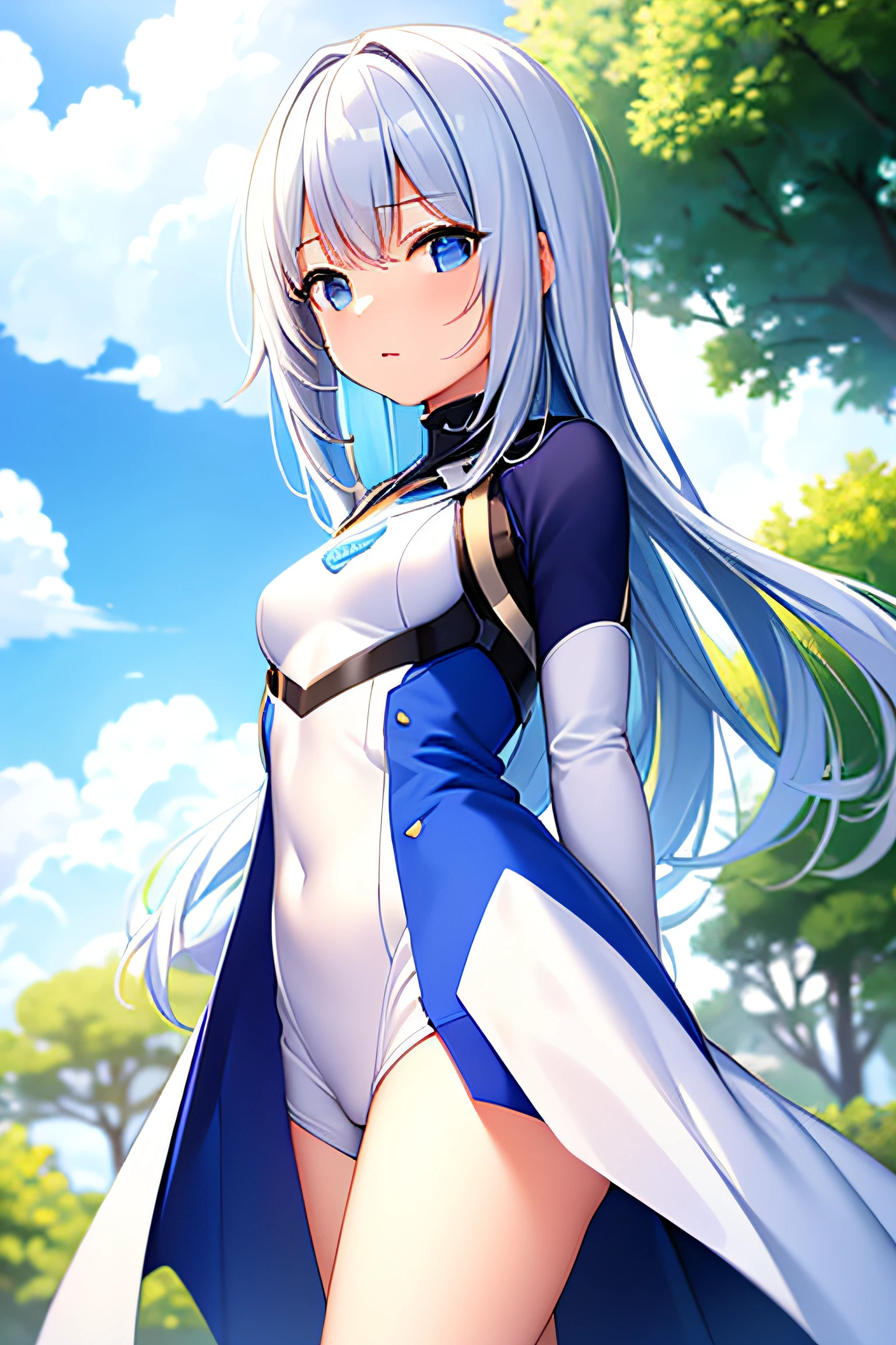 White combat suit with blue pattern, a cute girl, pixie cut hair, small breasts, flat chest, outdoors, blue sky, Canon, masterpiece, high quality, high details, textured skin