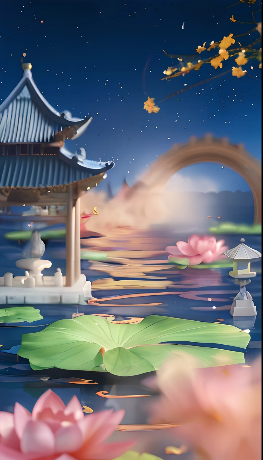 There is a picture of a beautiful Asian landscape with bridges, Lotus pond, dreamy Chinese towns, Beautiful rendering of the Tang Dynasty, Zen temple background, Floating palace, Beautiful digital artwork, background artwork, Chinese fantasy, Magical background, floating chinese lampoons, fairy tale style background, dreamlike digital painting, arte de fundo, detailed dreamscape, Temple background