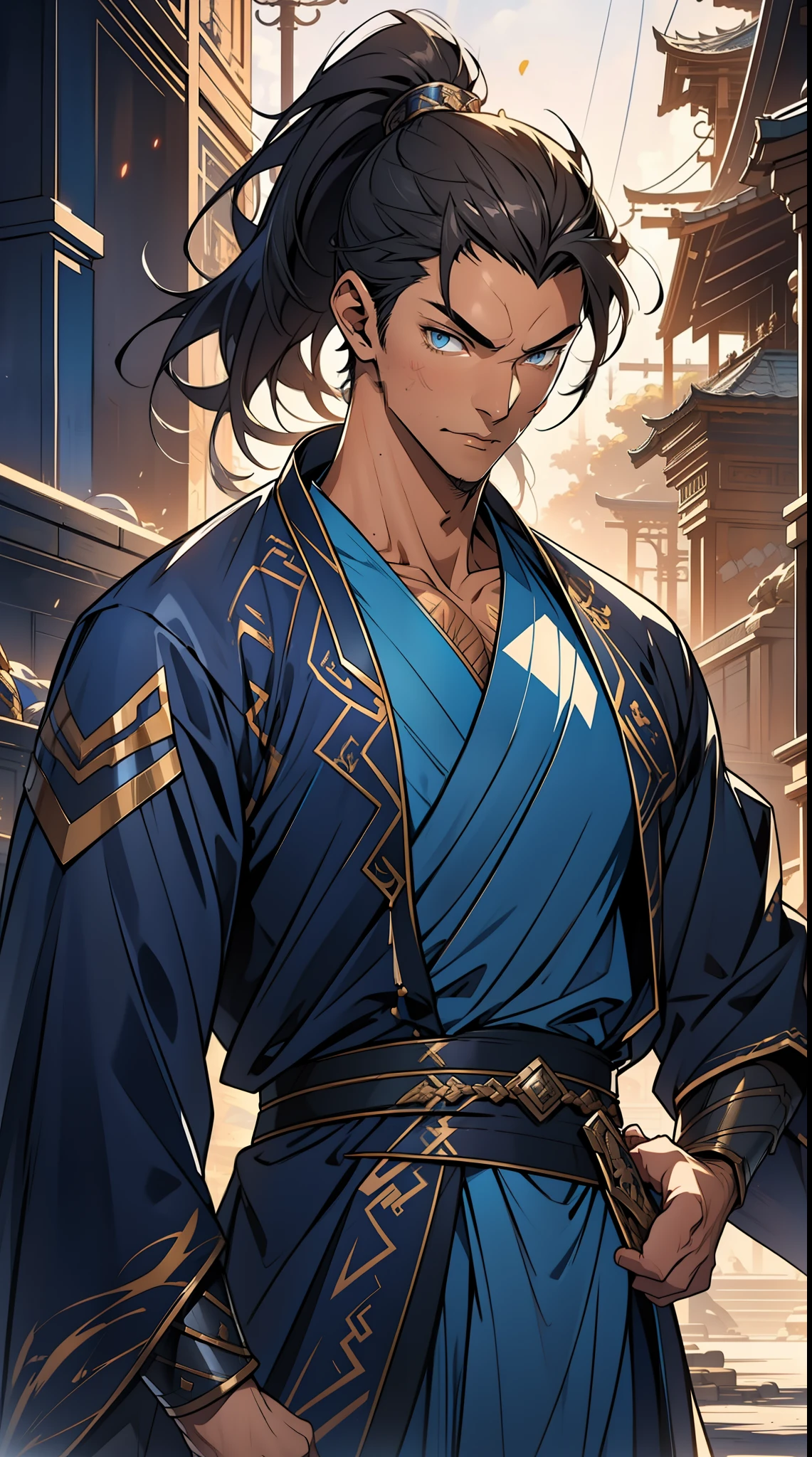 quadratic element，style of anime，mtu（Male Warrior），The proportions are correct，Face details，swordsmen，High ponytail hairstyle，Neck details，There is an Adam's apple，Blue suit，kaftan，long blue robes，clothes details，Handing over，longer sleeves，Game quality，Swordsmanship，Light and shadow tracking，Ray traching，detailed glow，cg render，hair detail，Black long hair，blue colored eyes，Handsome，Handsome，（juvenile sense），Clothing is complicated，Perfectcomposition，Refinement，high qulity，higher details，Lots of details，The background is complex，a sense of atmosphere，