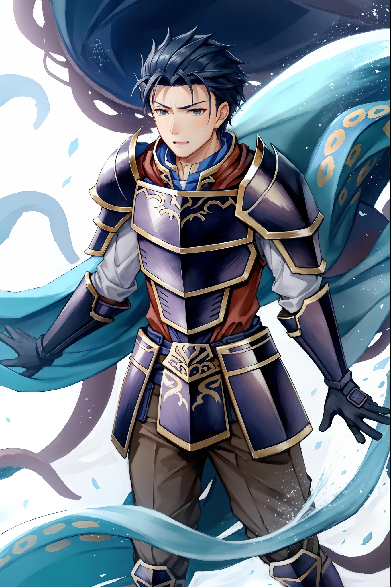 Hector Fey（adult man）， 独奏， looking at viewert，Tied by tentacles（Mucus-secreting tentacles） ，perfect male figure，with her mouth open，drools，perspire，Tight combat uniform，Armour，Armour，Get wet， mitts， 1 man，weeping，Be red in the face， Male focus，Tentacles wrapped around thighs（Octopus tentacles wrap around thighs）， mtu，cloaks， Armour， Shoulder armor， Soaked leggings，Wrists bound by tentacles，Waist wrapped around tentacles,，ember