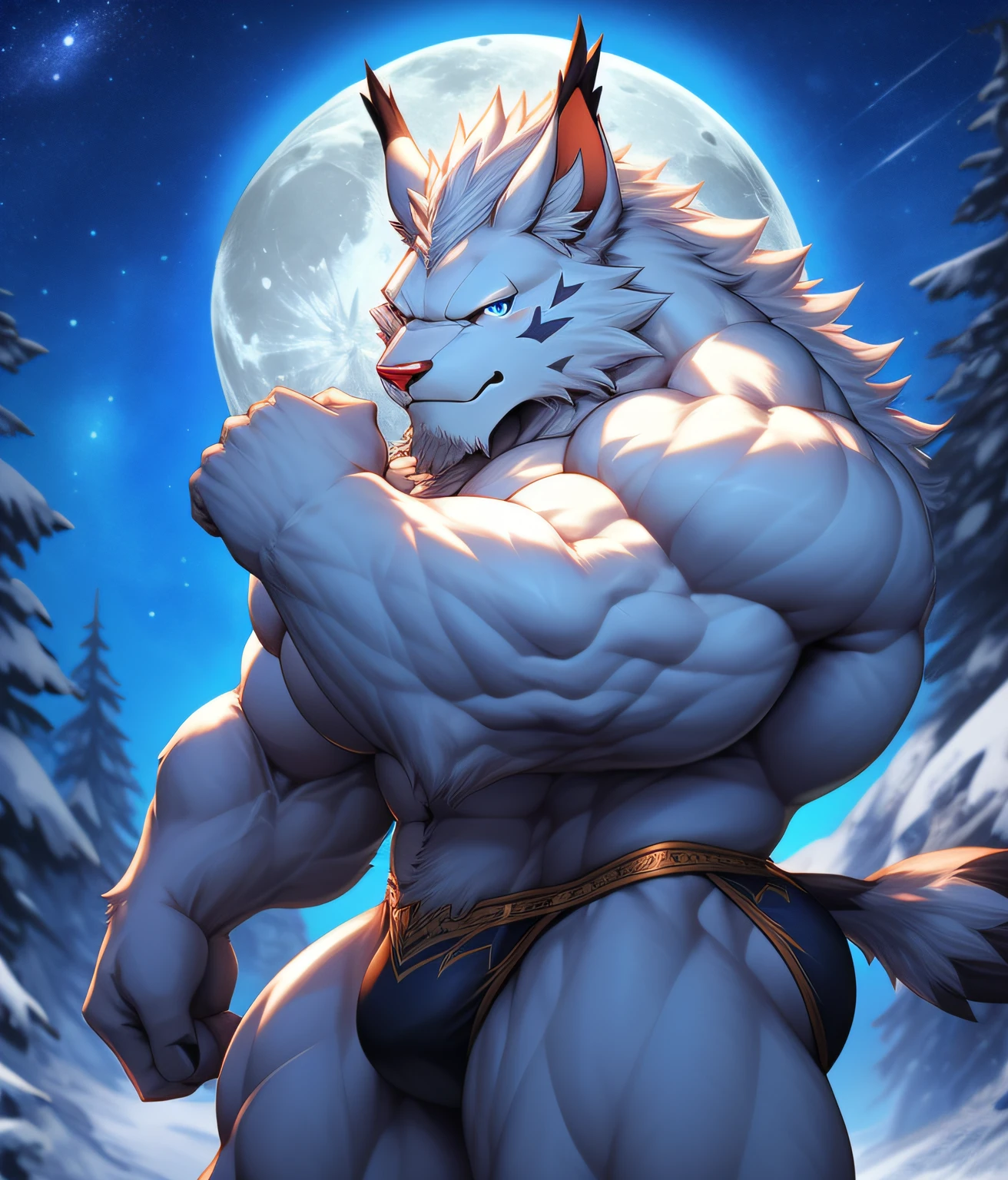 (((BACK))), (((BACK))), (((BACK:1.2))), (((BACK))), nj5furry, ( albino, Leomon, massive, huge), albino Leomon, ((extremely realistic shadows, masterpiece, extremely detailed, photorealistic)), kemono, looking at the viewer, ((FRONT)), silver mane, Leomon albino, ((detailed face)) red nose, blue eyes, ((detailed eyes)), white skin, white fur, white hair, height 3 meters high, the optimal height, tight clothing, body full of muscles; muscle and bulge pecs, ripped abs, V-shaped body, thick waist, long legs, strong arms manly, handsome face, attractive cool calm face type with a kindsmile, topless. Snow forest, night, moon, moon rays, nebula; he wears a blue and white cloth ornament loincloth revealing huge muscular thighs. ((illuminated)) He has an aura of wisdom and tranquility around him, although he has a kind smile, his eyes have some sadness. (((same seed pose: 1138899019))) Everything was big. His shoulders ridiculously broad, his back absurdly wide and the rear of his upper arms indecently muscular. Even his perfectly round arse looked huge as it struggled to contain the material of his extremely tight, thread thong.
A mini muscle bull in the making. A potential juniour competitive bodybuilder. Even the back of his head was hot. And his mini bull neck.