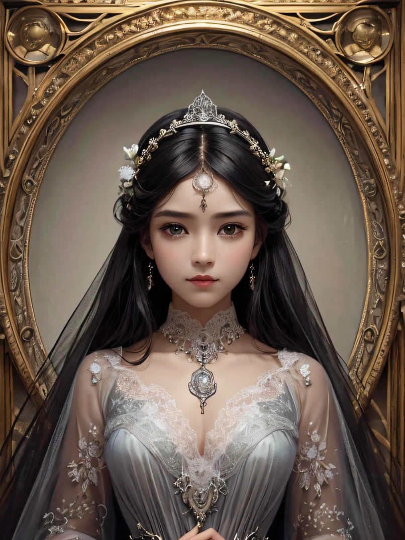 top-quality、ultra-detailliert、hight resolution、masterpiece、foco nítido、Beautiful masterpieces、lighting like a movie、Official art、Four-fifths shot、1 rapariga、独奏、coll、Chest construction、Photorealistic portrait of stunningly beautiful woman、Look at viewers、Influence of Alphonse Mucha、detailed symmetric realistic face、Highly detailed natural textures、 dark ambiance、a sense of mystery、Mysterious art、romanticism、Literary fashion、Victorian Accessories、Intricate ironwork decoration、Lace costumes、emotional depth、Classy and supernatural atmosphere