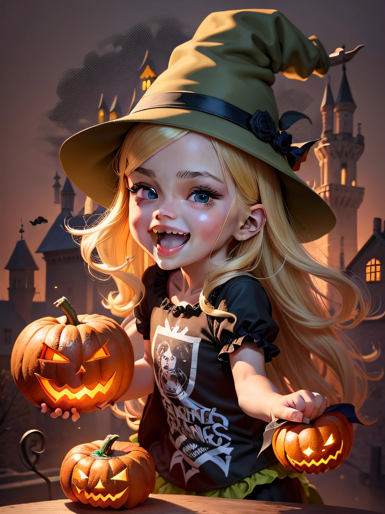 Camiseta vector, Grafito coloreado listo para imprimir, Illustration of a cute blonde Halloween witch and a cheerful and sweet Halloween witch boy , de fondo un castillo. for children from 4 to 8 years old, muy alegre All Hallows' Eve, action shot, halloween, High detail, fondo blanco