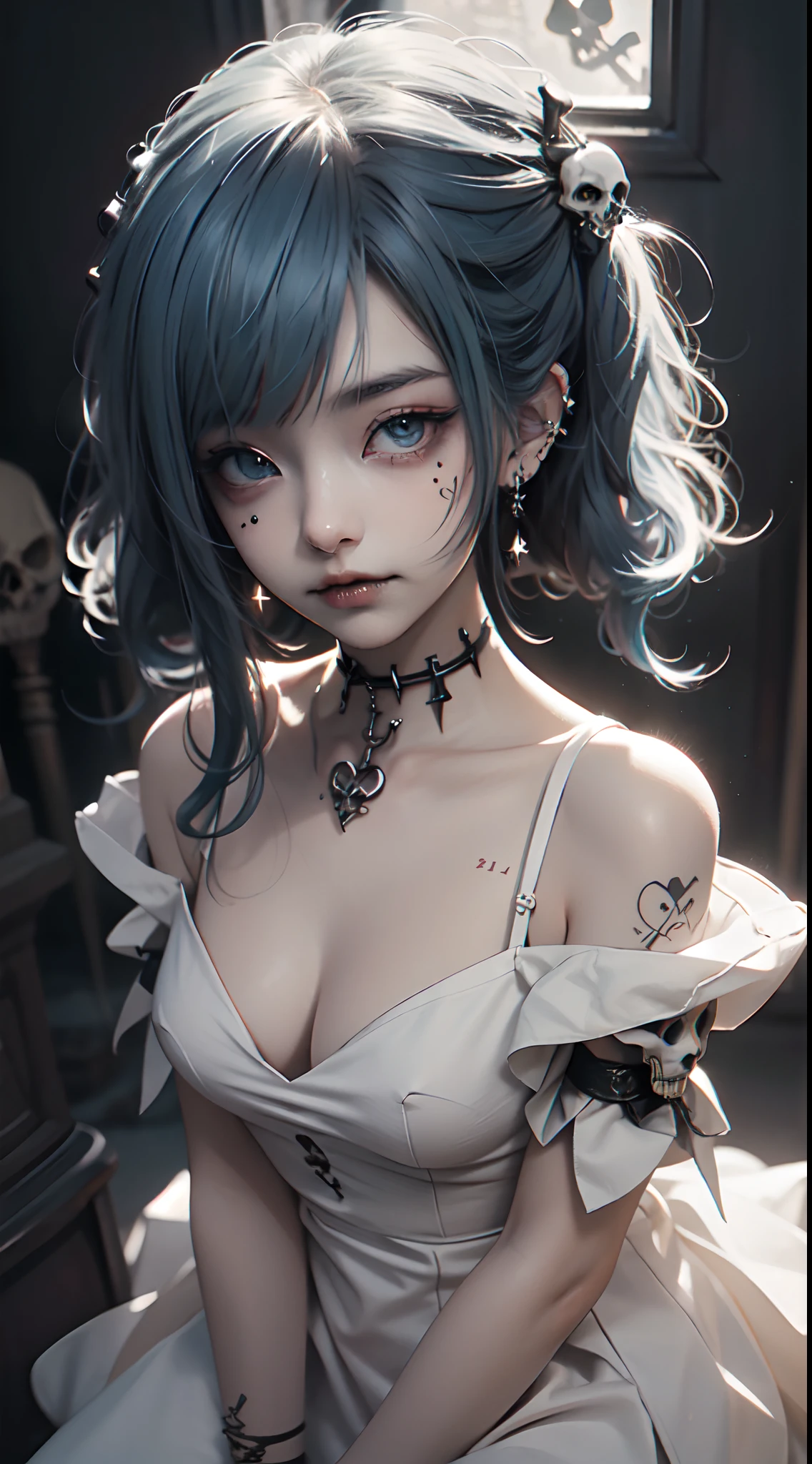 Adornos para el cabello、piercings、tatuaje、godo_punk, 1chica en, solo,、highest qualityr, fotorrealista, Unas ilustraciones ultrafinas, Hermosa chica de anime atractiva,(mini vestido:1.4), Miku hatsune, cuerpo delgado, cabello atado,(cabello rosado:1.4),a girl, A picture of a girl, Toma de cuerpo completo, Hermosos ojos azules:1.4, Convertido,arete、Adornos para el cabello、jewely、Miku hatsune、(fondo Skull Night Cemetery:1.4), motor irreal:1.4,UHD,La mejor calidad:1.4, fotorrealista:1.4, textura de la piel:1.4, obra maestra:1.8,(detailed:1.4),