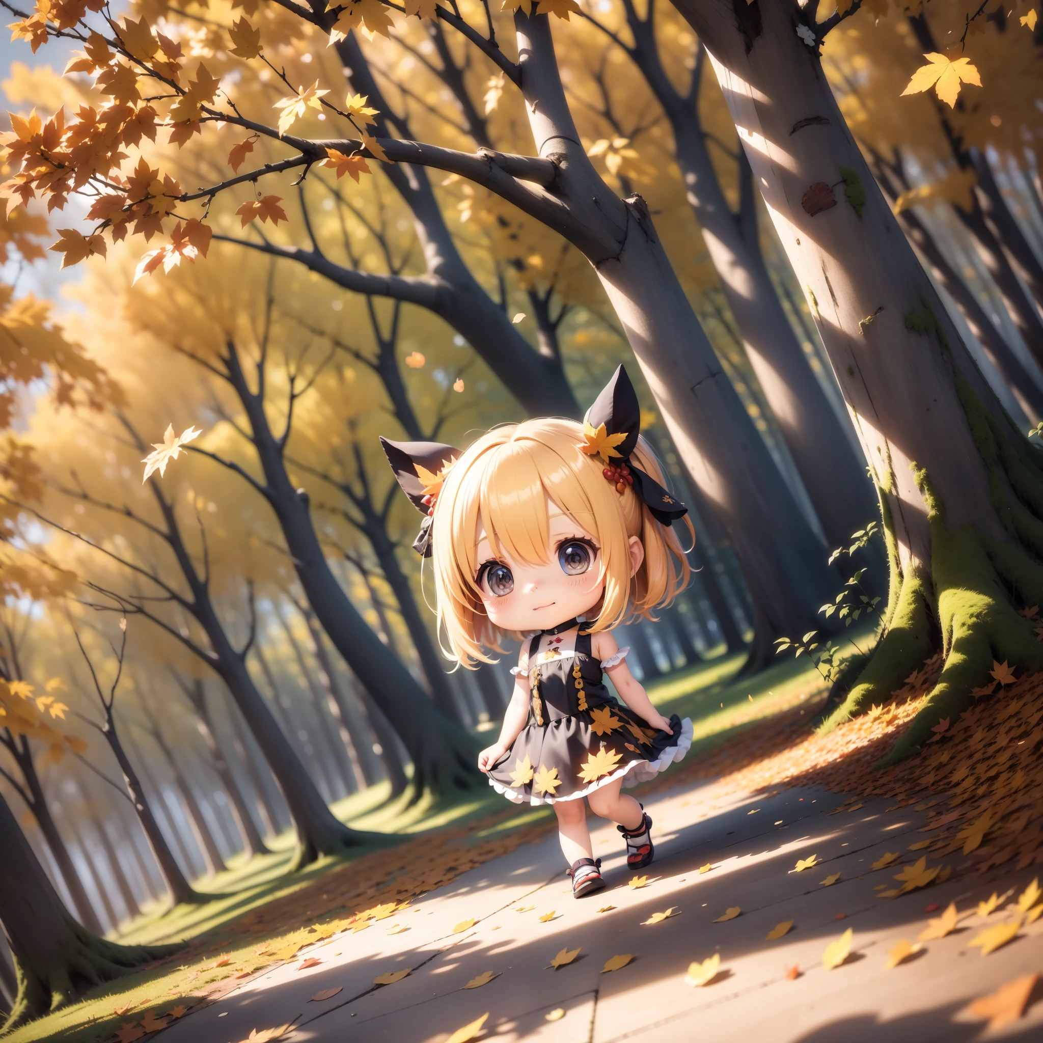 3D rendering, Q printmaking style,chibi,SOLO,A cute girl sticker, Maple forest in autumn，Scattered maple leaves，Soft sunshine，Soft light